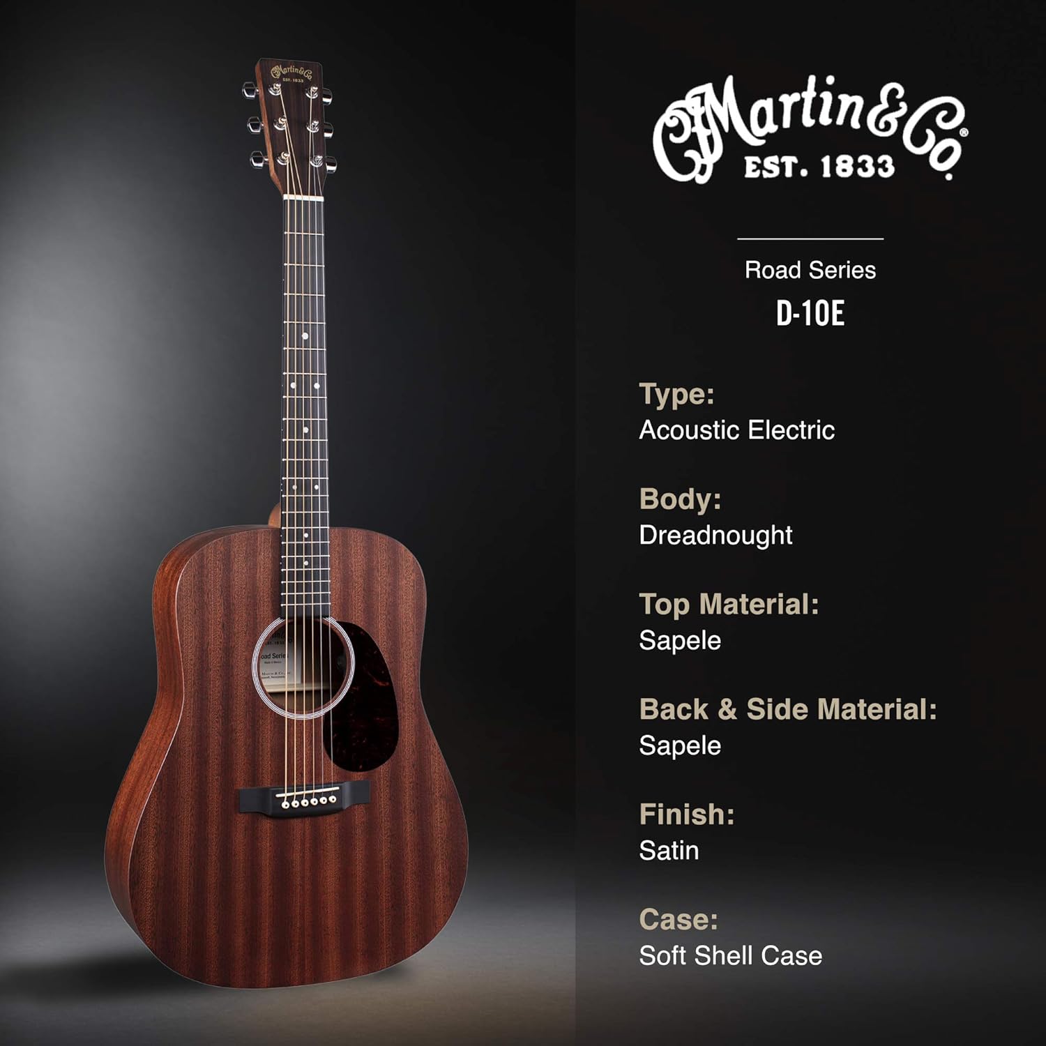 Martin Guitar Road Series D-10E Acoustic-Electric Guitar with Gig Bag, Sapele Wood Construction, D-14 Fret and Performing Artist Neck Shape with High-Performance Taper
