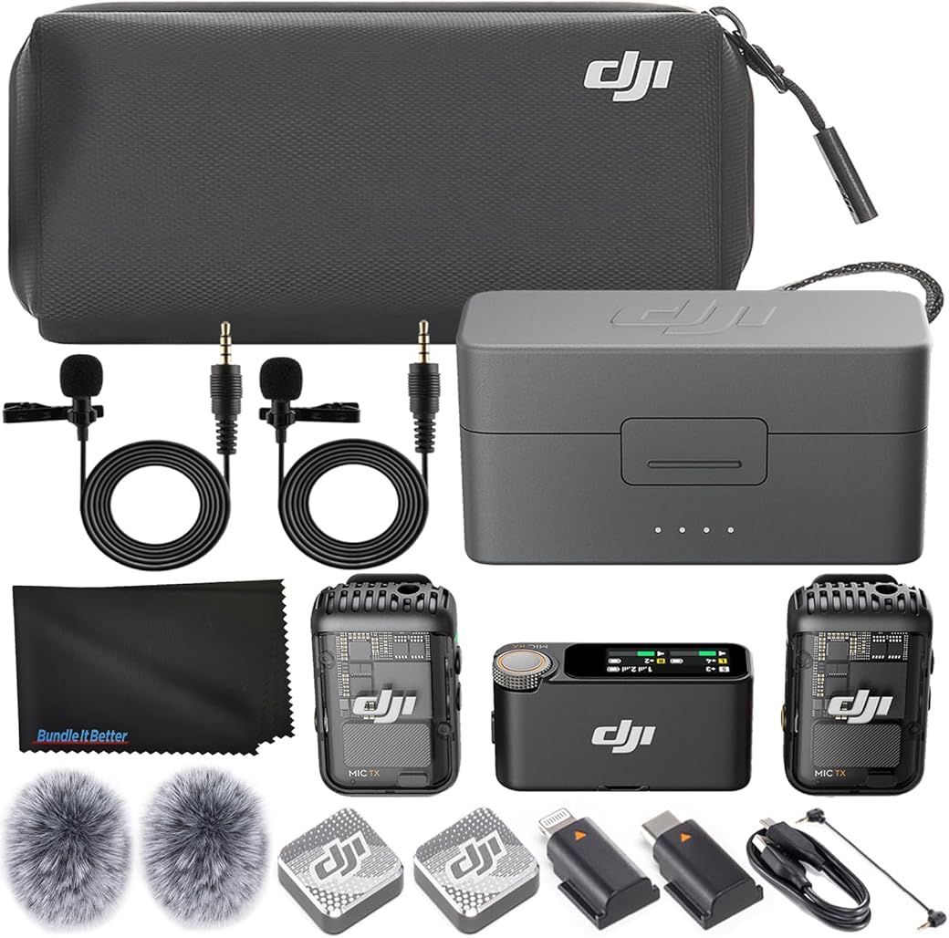 DJI Mic 2 (2 TX + 1 RX + Charging Case), Wireless Lavalier Microphone, Noise Cancelling, 820 ft. Range, Microphone for iPhone, Android, Camera Bundle with 2X Omnidirectional Condenser Lavalier Mics