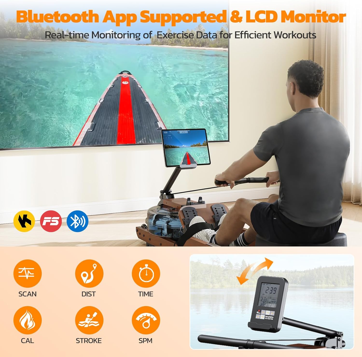 Dripex Rowing Machines for Home Foldable, Water Rowing Machine Max 350 LBS, Water Rower with Smooth Slide Rail, Comfortable Seat, Bluetooth App Supported, LCD Monitor, Wooden Row Machine for Home Gym