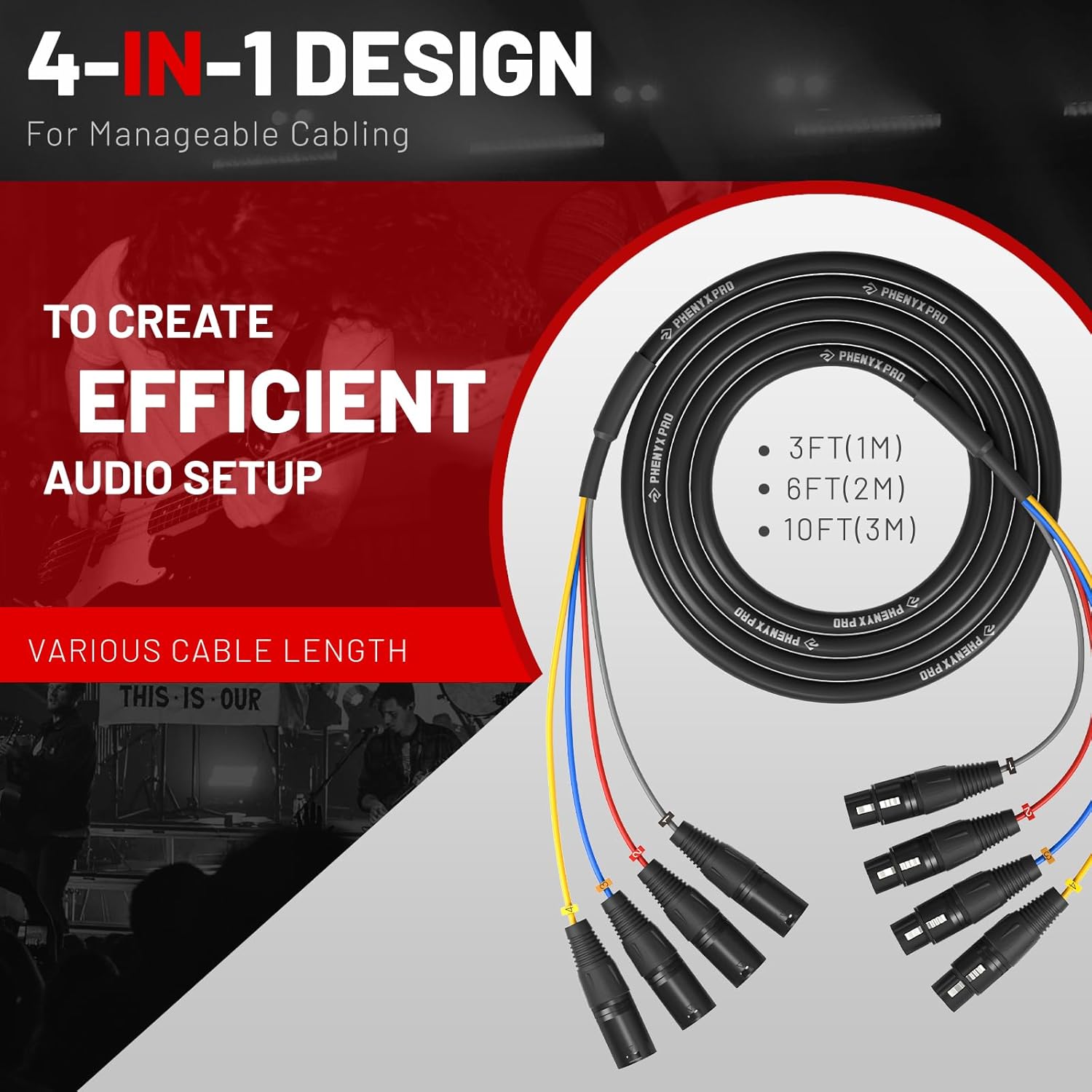 Phenyx Pro Wireless Microphone System, 4-Channel UHF Wireless Mic (PTU-5000-4H) Bundle with 3Ft XLR Snake Cable