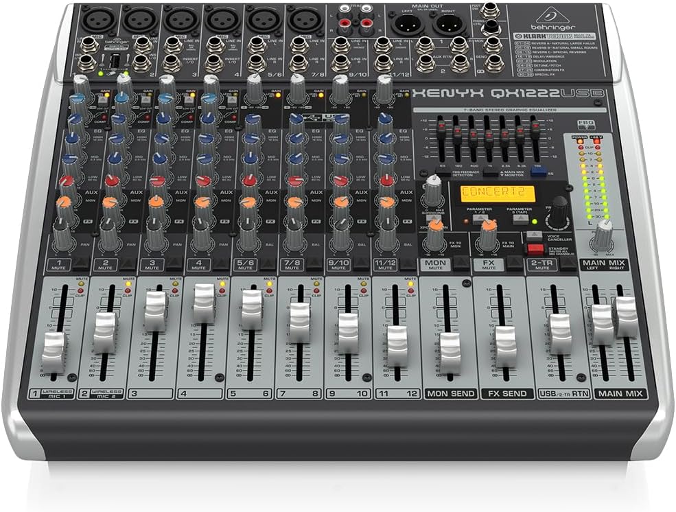 Behringer XENYX QX1222USB Premium 16-Input 2/2-Bus Mixer with XENYX Mic Preamps and Compressors, Klark Teknik Multi-FX Processor, Wireless Option and USB/Audio Interface
