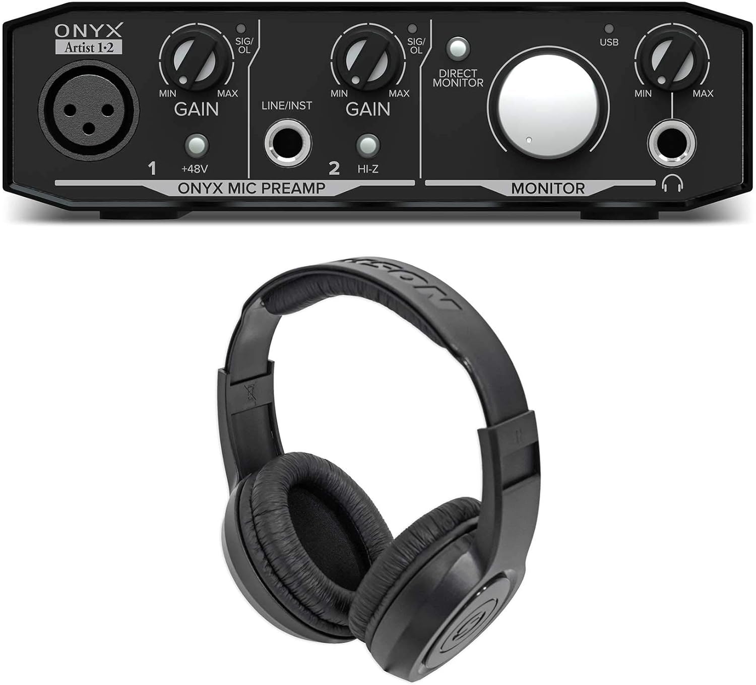Mackie Onyx Artist 1.2 2x2 USB Audio Recording Studio Interface Bundle with Samson SR350 Over Ear Closed Back Studio Reference Monitoring Stereo Headphones