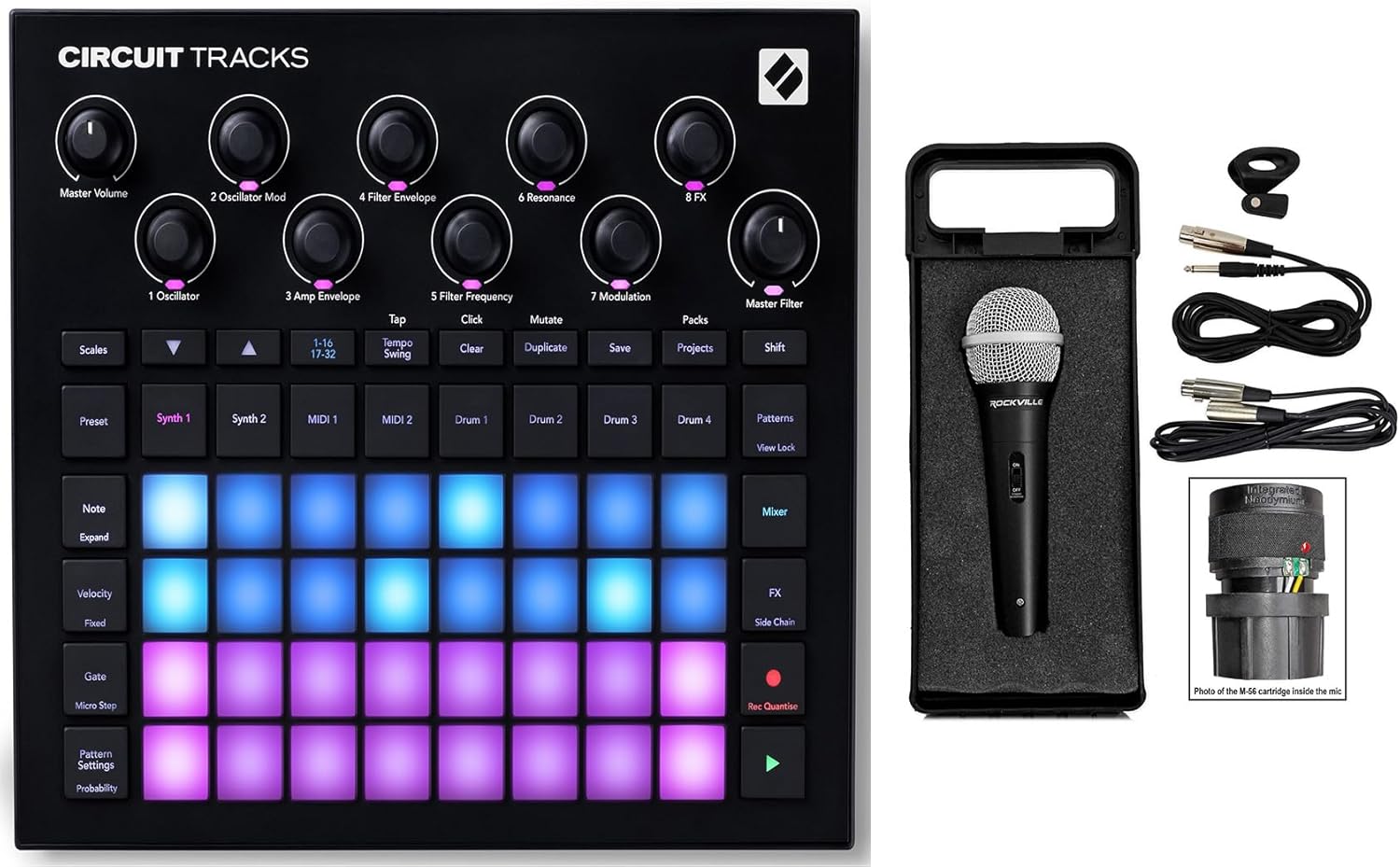 Audiosavings Bundle: Novation Circuit Tracks MIDI USB Rechargeable Groovebox w/Synths/Drums/Sequencer Bundle with Rockville RMC-XLR High-End Metal DJ Handheld Wired Microphone Mic w 2 Cables (2 Items)