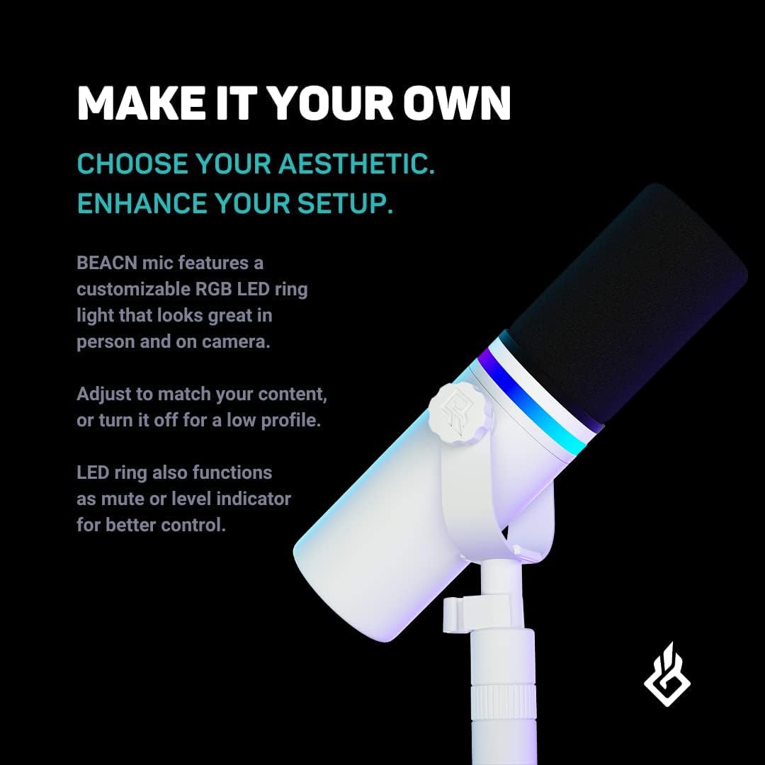 BEACN Light Dynamic USB Mic for PC with The White Mic Stand - Professional Microphone for Podcasts, Gaming and Streaming with Studio-Quality Low Profile Adjustable Micrphone Arm