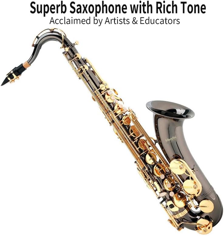 Mendini By Cecilio Tenor Saxophone - B Flat Black Golden Lacquer Saxophone for Beginner Musicians with Hard Case, Tuner, Mouthpiece, 10 Reeds, Polishing Cloth, Cleaning Rod, Gloves, Strap