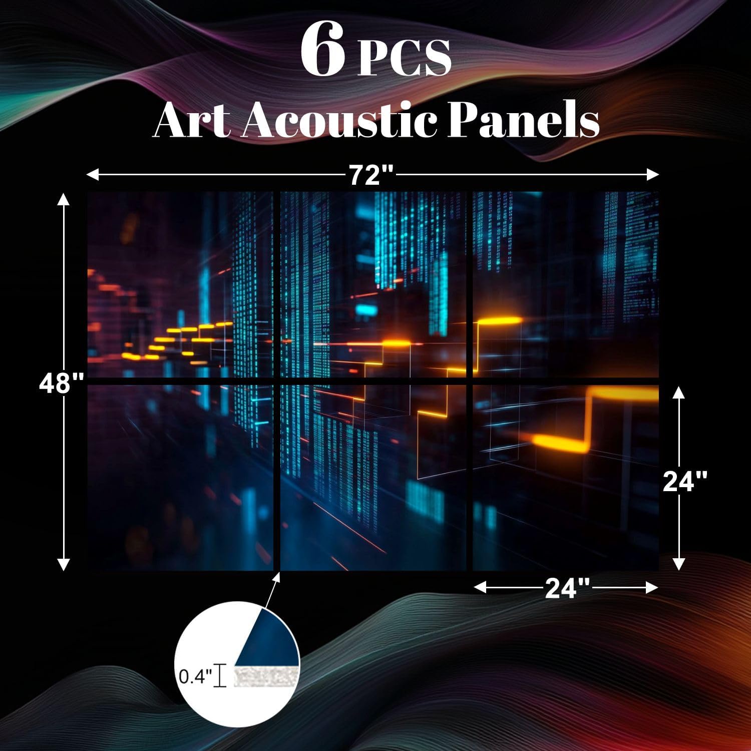 6 Pack Art Acoustic Panels Abstract trading chart big data infographics 3D Fintech glowing candle Soundproof Wall Panels, 48