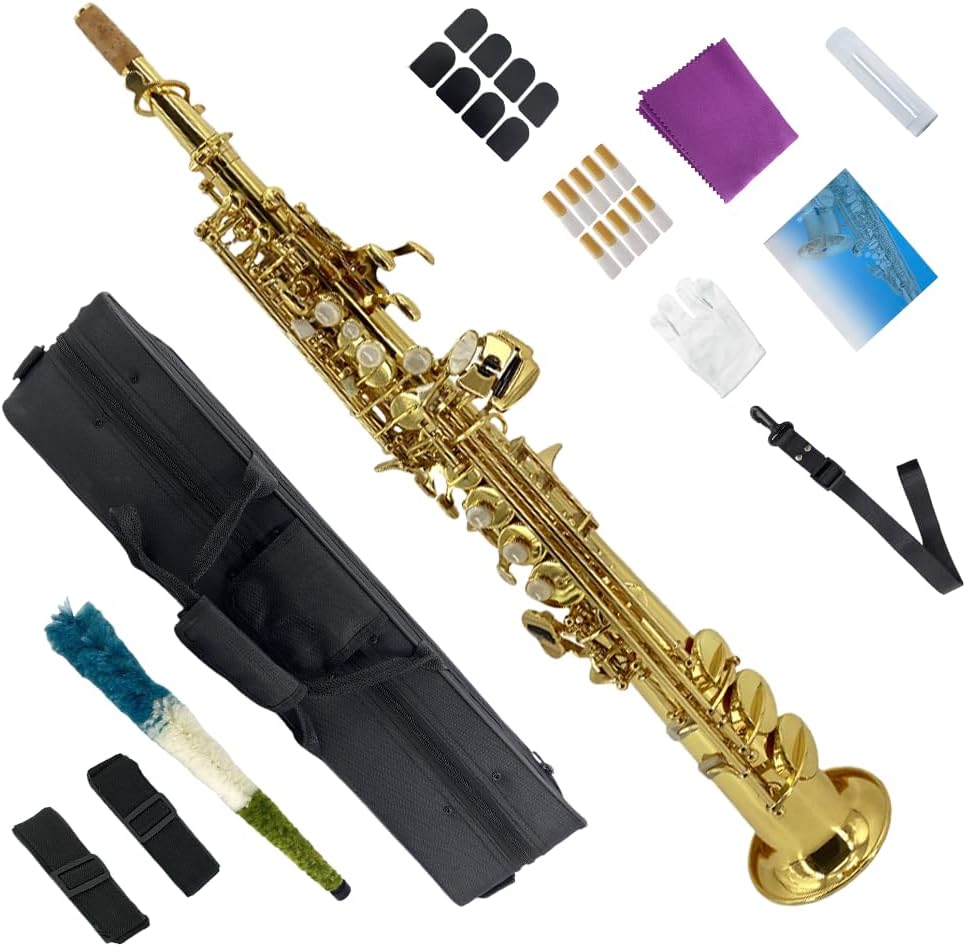 B-flat Straight Soprano Gold Saxophone Brass Beautiful Woodwind Instrument Lacquer Sax Carve Pattern Natural Shell Key for Beginners & Advanced Players,Combo Set