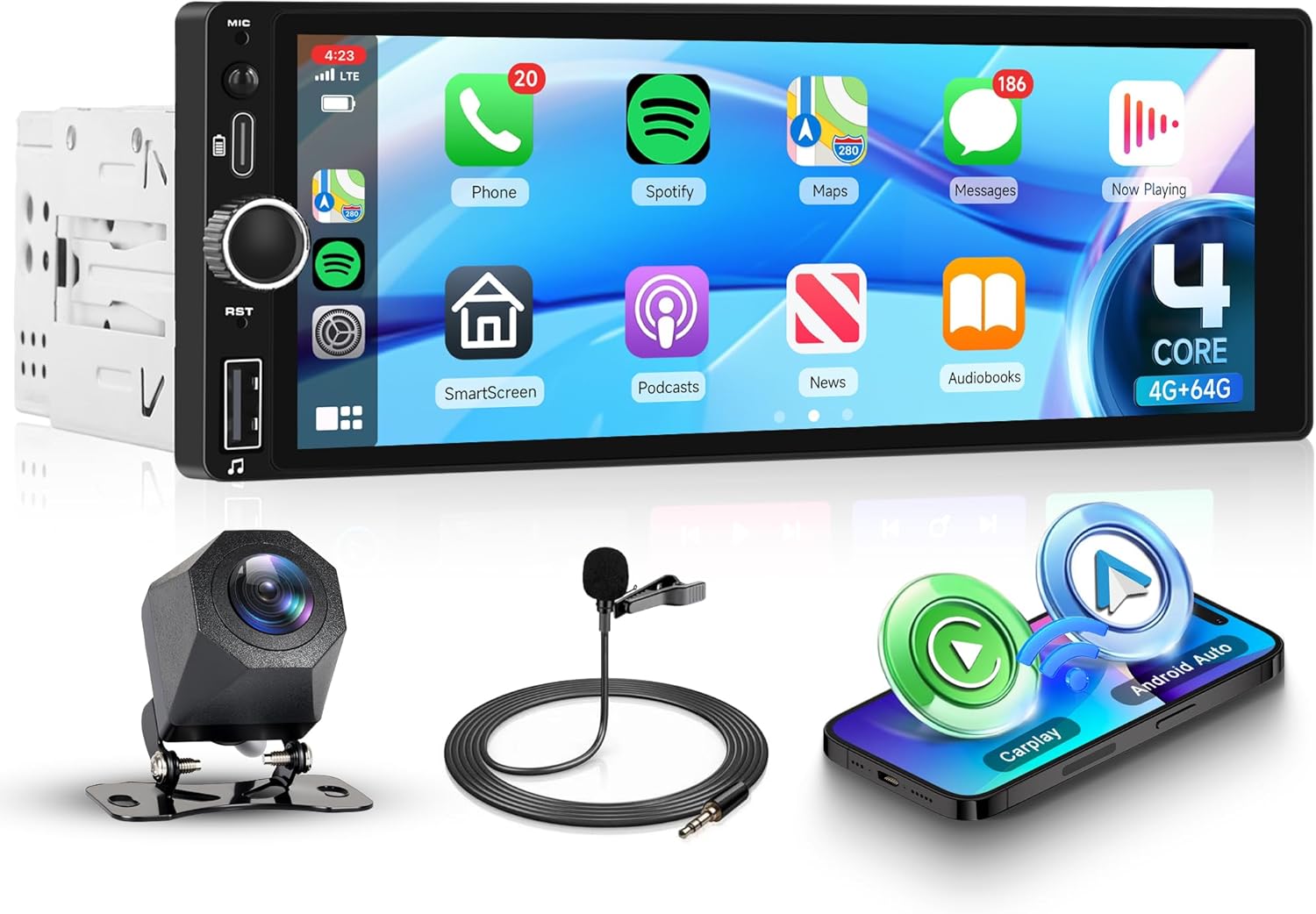 4G+64G Single Din Android Car Stereo with Wireless Carplay Android Auto, 6.86