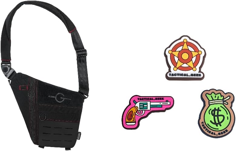 TACTICAL_GEEK Cache L1 Sling Shoulder Bag Black Red/Right and BG05 & BG06 & BG08 Patch