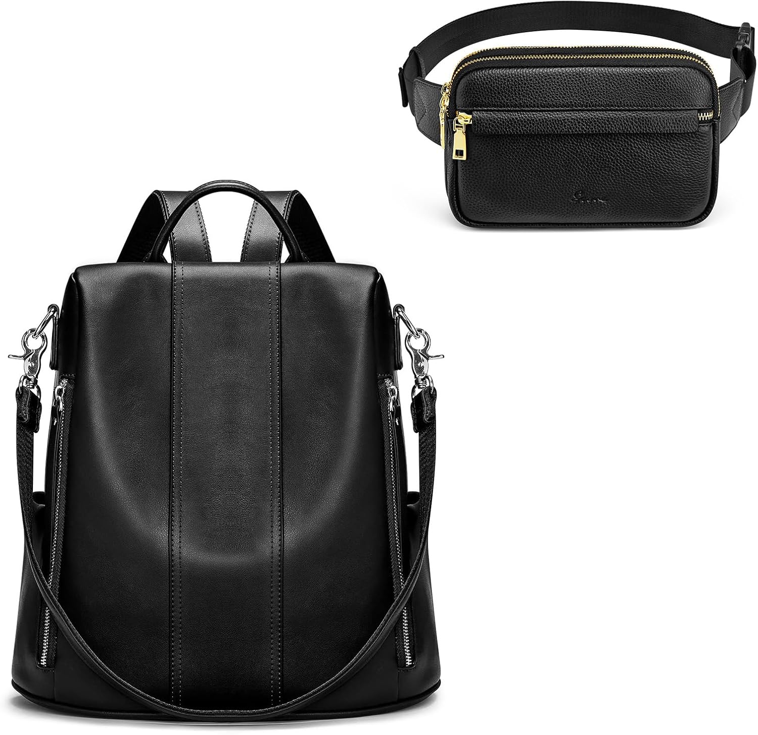 S-ZONE Genuine Leather Backpack Purse Bundle with RFID Blocking Fanny Packs Belt Bag