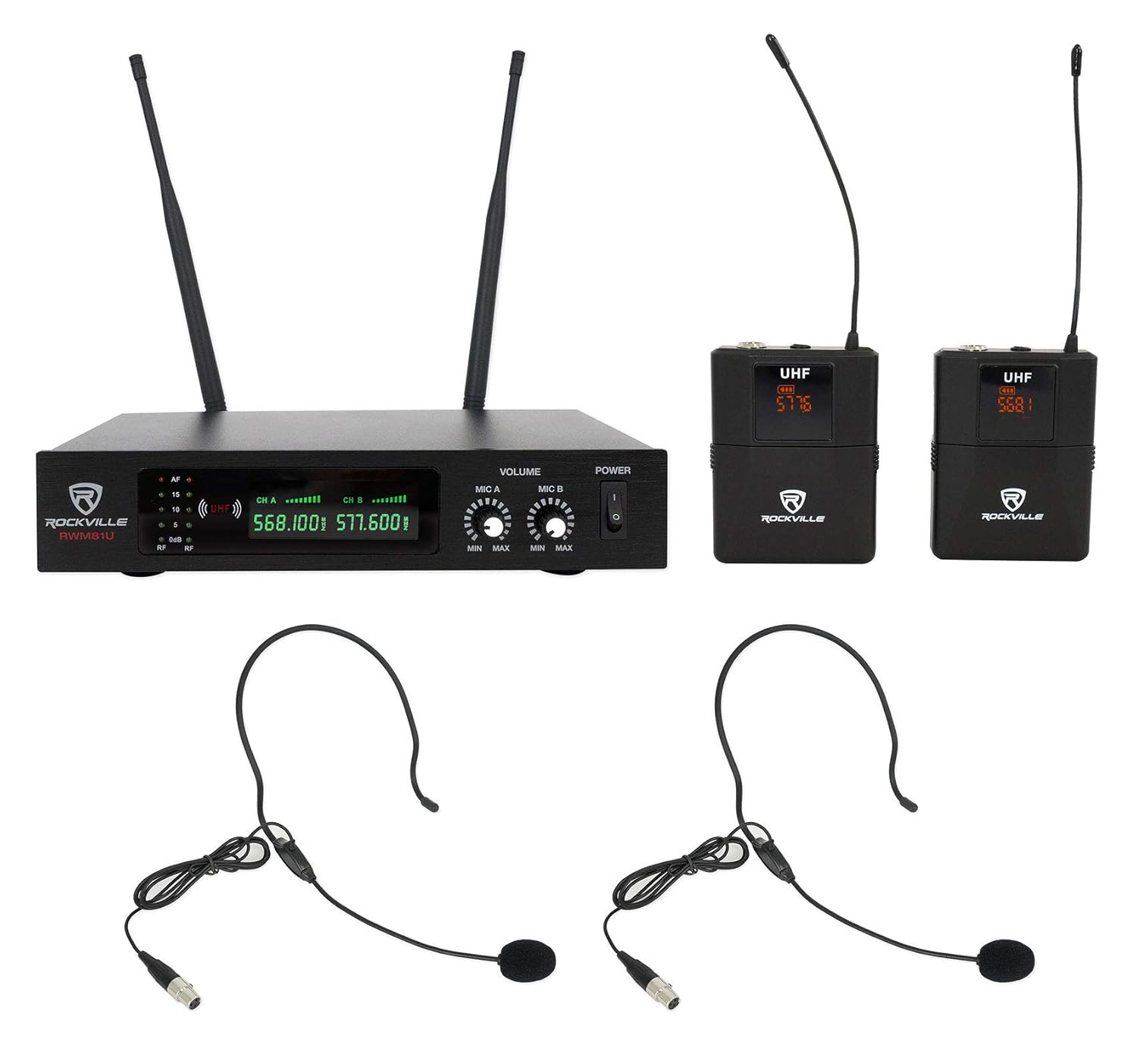 Rockville RWM81U Dual UHF Wireless Headset & Guitar Microphone System, LCD Display, Long Range, for Live Performances & Presentations