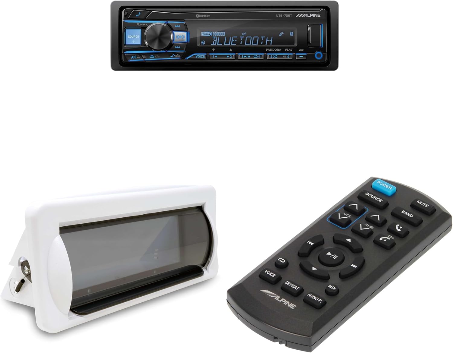 Alpine UTE-73BT Mech-Less Digital Media Receiver & Remote with Creative Audio CAMC1W Marine Single DIN Radio Mounting Kit with Retractable Cover (White)