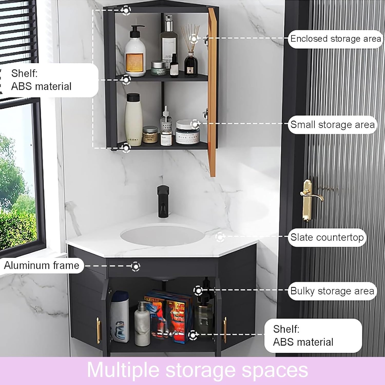 Corner Bathroom Sink, Wall Mount Ceramic Vanity with Mirror Cabinet, Corner Bathroom Vanity, Floating Wash Basin with Storage Container, Corner Vanity Sink(White)