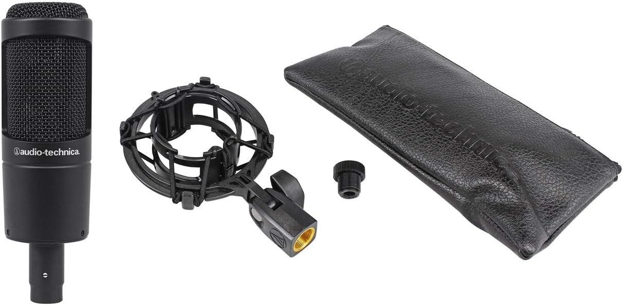 Audio-Technica AT2035 Side Address Cardioid Condenser Studio Microphone with Case Bundle with Rockville PRO-M50 Studio Headphones w/Detachable Coil Cable, Case with Extra Ear Pad