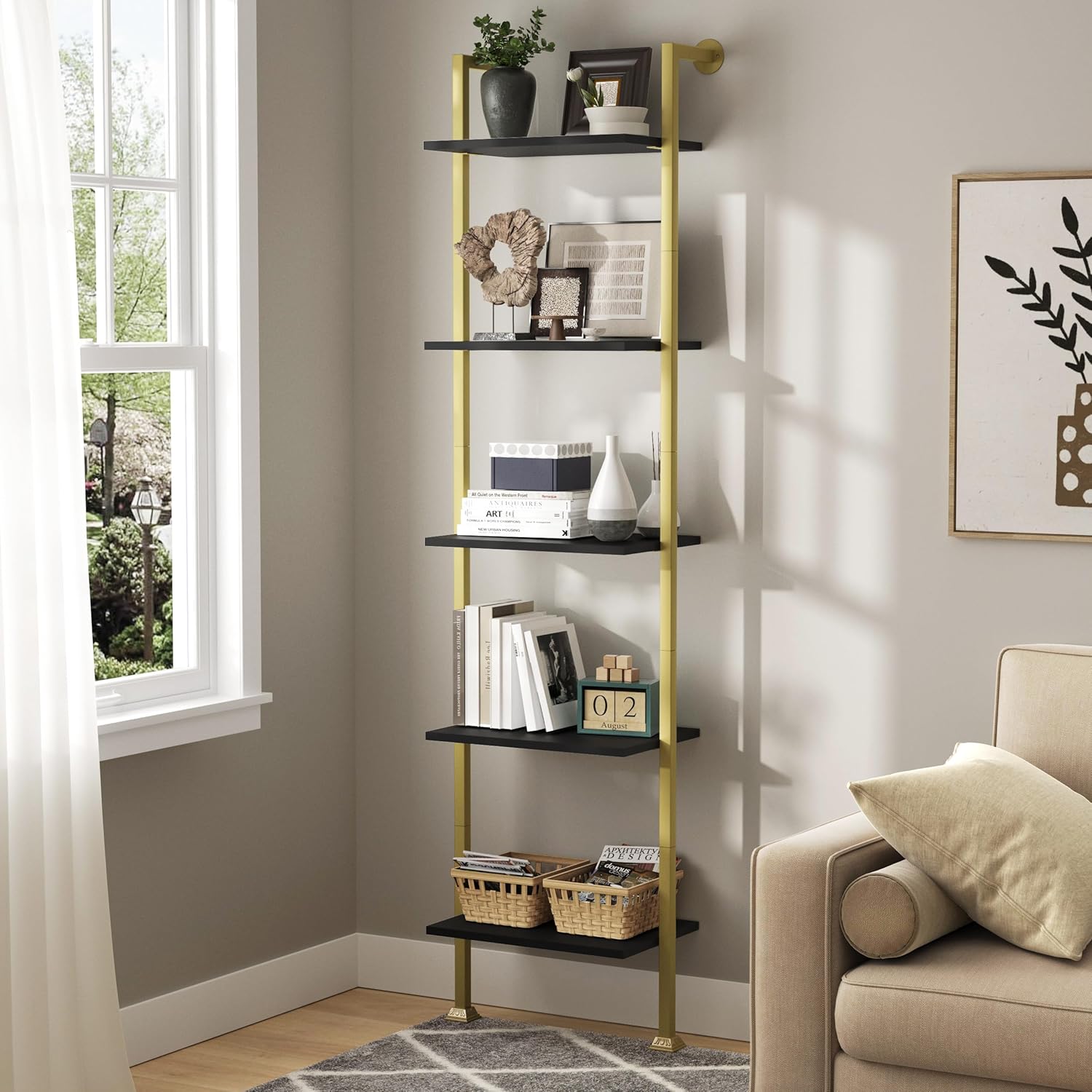 Axeman 5-Tier Ladder Bookcase, Tall Narrow Bookshelf for Small Spaces, Modern Book Storage Organizer Case Open Shelves for Bedroom, Living Room, Office, Library, Gold Metal Frame and Blakc Shelf