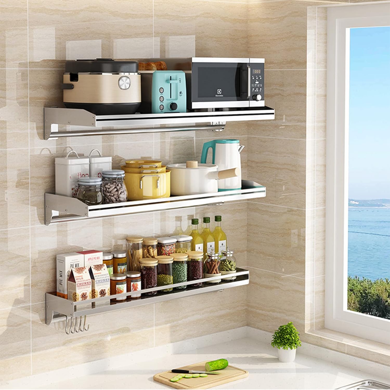 Stainless Steel Metal Shelving Microwave Oven Shelf, Wall Mount Multifunctional Shelving Stand Holder Kitchen Spice Rack, Bracket Bathroom Organizer Shower Caddy Storage, for Bar/Laundry/Garage