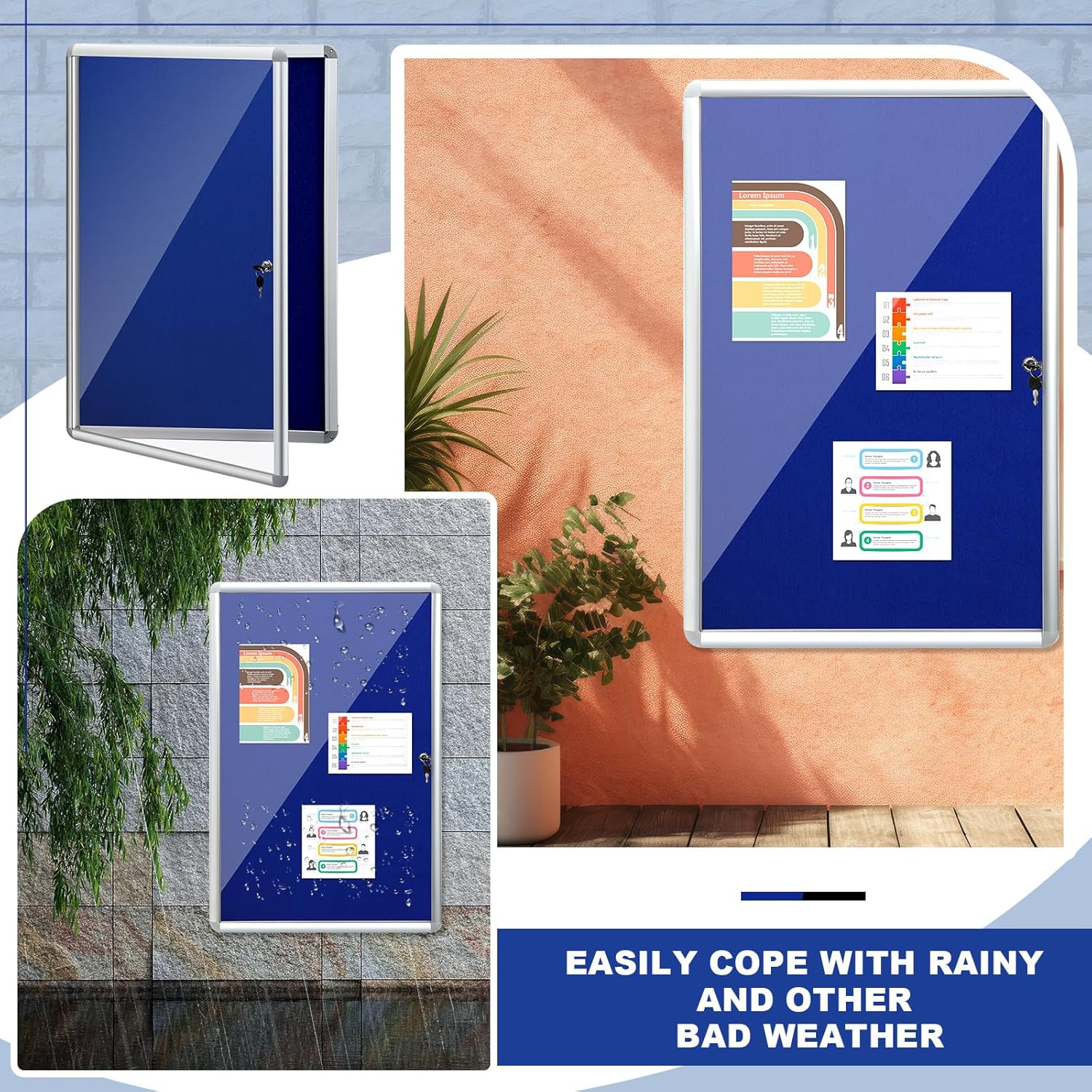 Blue Enclosed Bulletin Boards 36 x 46.5 Inch Lockable Noticeboard Displays Cork Boards Wall with Locking Door, Outdoor Bulletin Board Windproof Ideal for School Office Notices