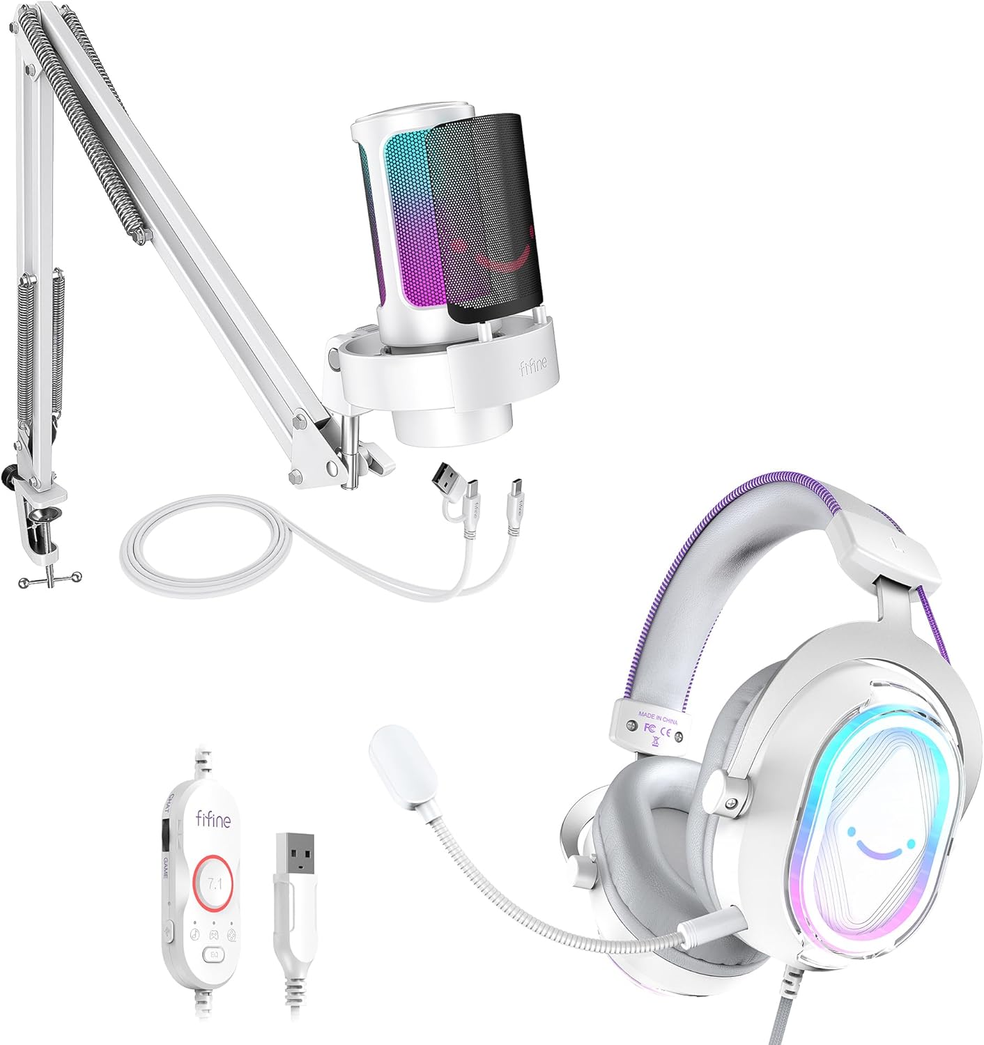 FIFINE USB Gaming Equipment Bundle with Microphone and Headset, Over-Ear Headset with Control Box, Soft Ear Pads and RGB Condenser Mic Kit for Streaming, Compatible for Window/Mac-A8TW+H13WP