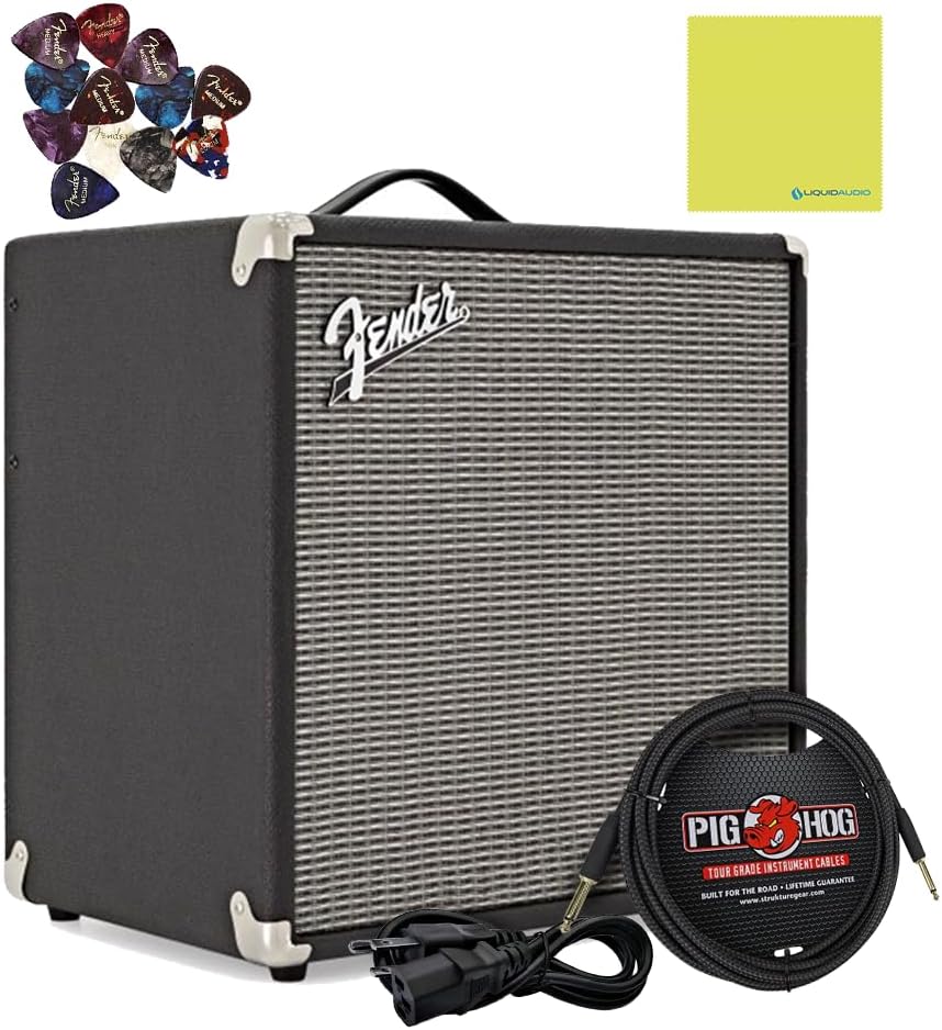 Fender Rumble 40 Bass Amplifier Bundle w/Pig Hog PCH10BK Black Woven Instrument Cable, Power Cable, 12x Fender Picks and Liquid Audio Polishing Cloth
