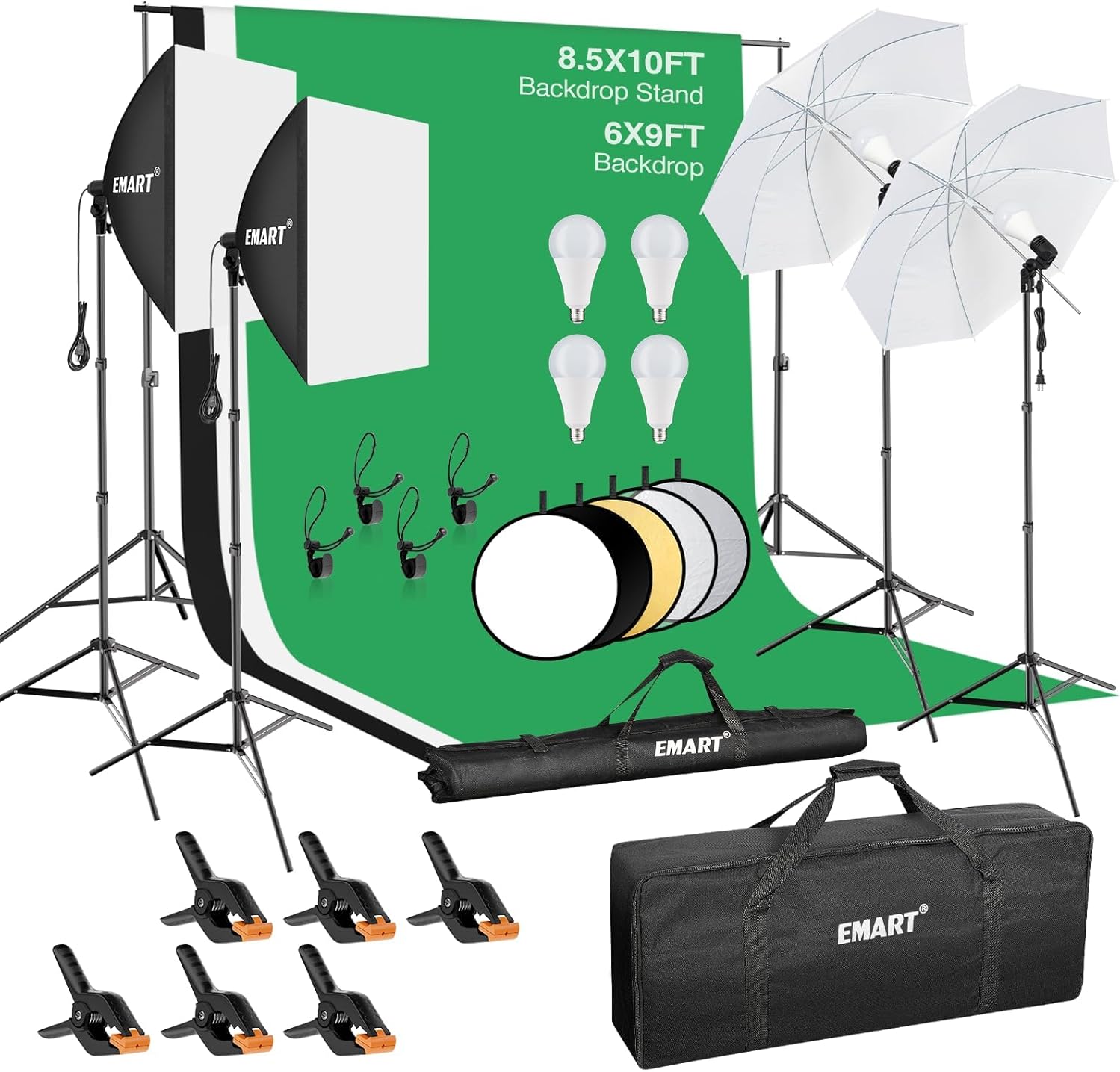 EMART 8.5 x 10 ft Backdrop Support System, Professional Photography Lighting Kit with 50W LED Blub, 6 * 9ft Backdrop *3, Reflector,Umbrellas&Softbox Lighting Kit for Studio, Portrait, Video Shooting