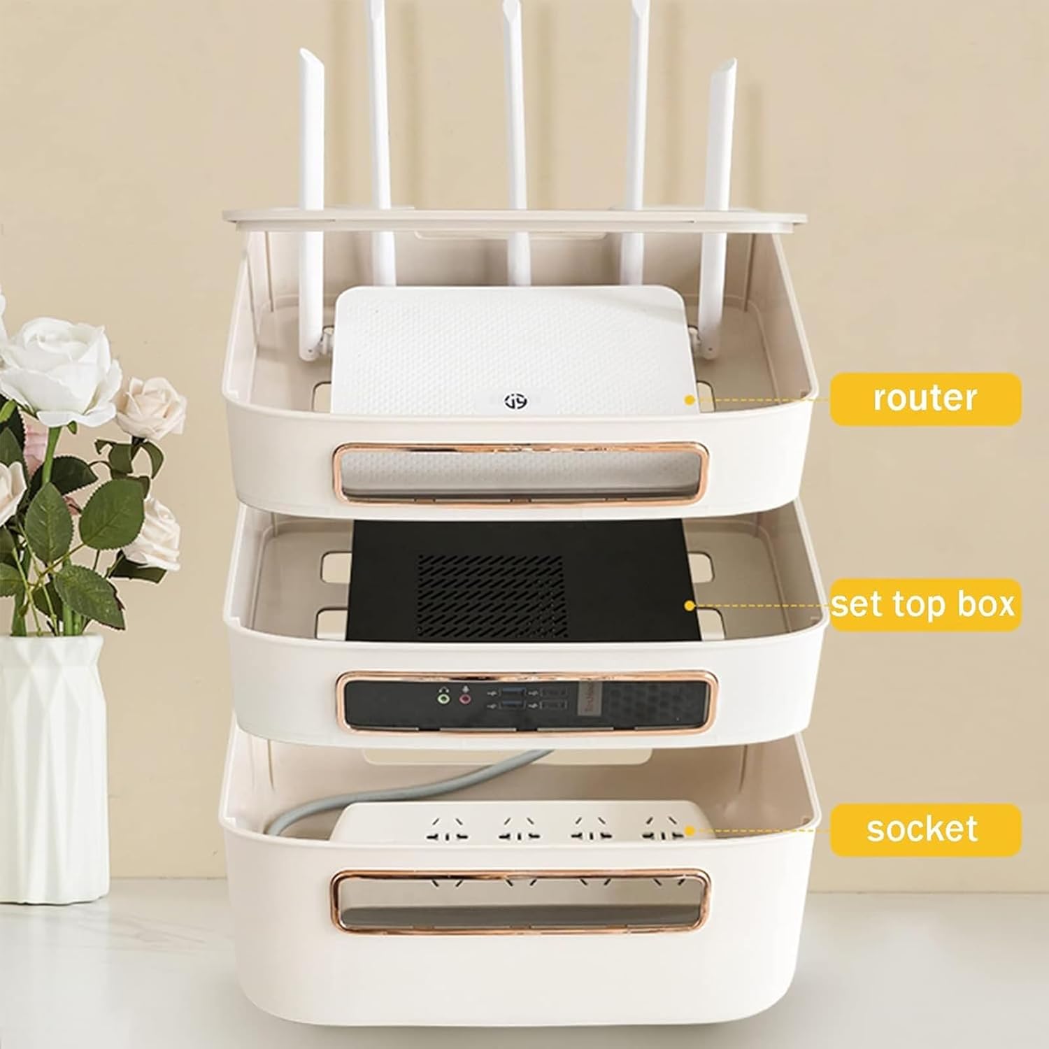 WiFi Router Storage Box, Router Hider Box, Multi-Layer Desktop Cable Storage Box, Router Decorative Box Wall Mount, PP Cable Power Socket Organizer Box Shelf(White,13.8cm/5.4in)