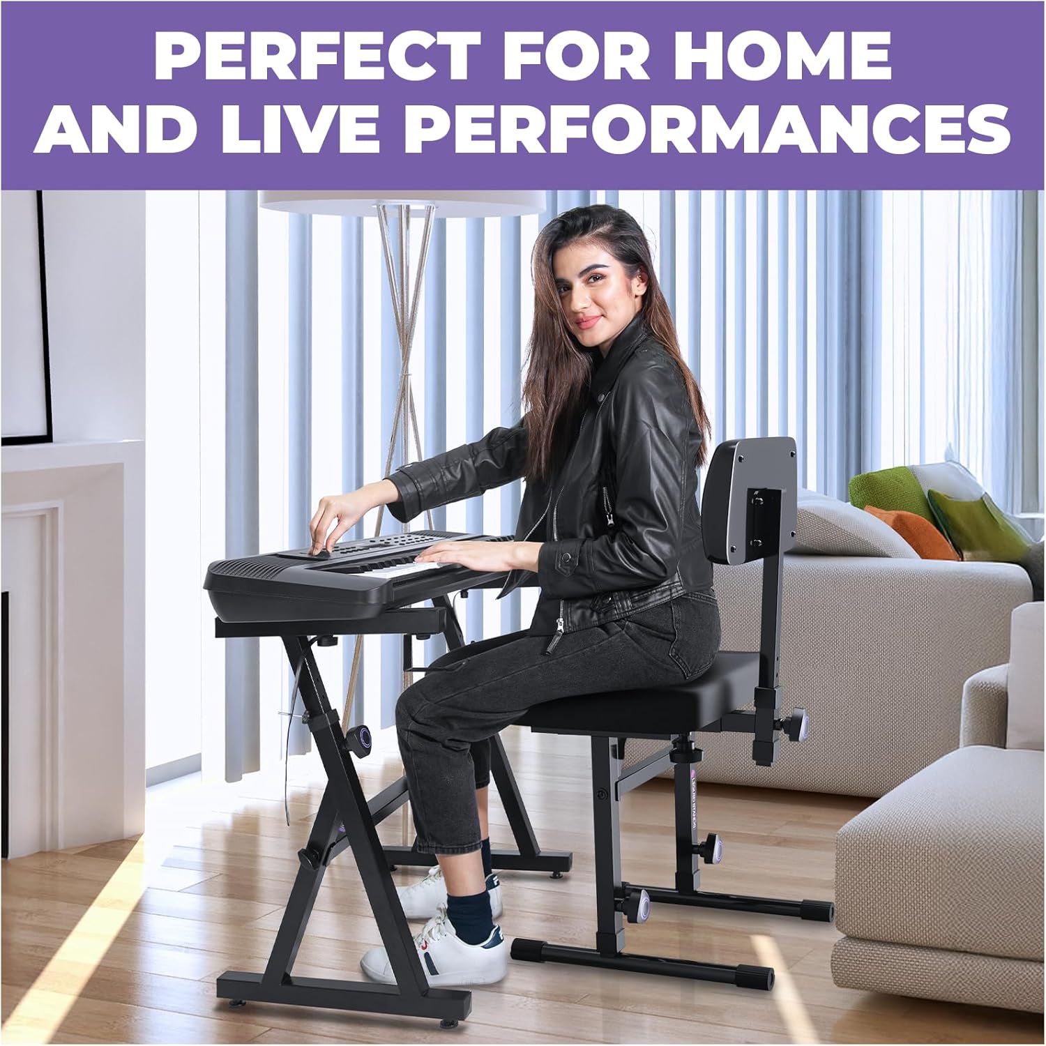 Liquid Stands Piano Keyboard Stand and Bench Adjustable Stool Set - Portable Heavy Duty Digital Piano Stand for 54-88 Key Electric Pianos & Piano Chair, Stool - Sturdy Keyboard Music Stand and Seat