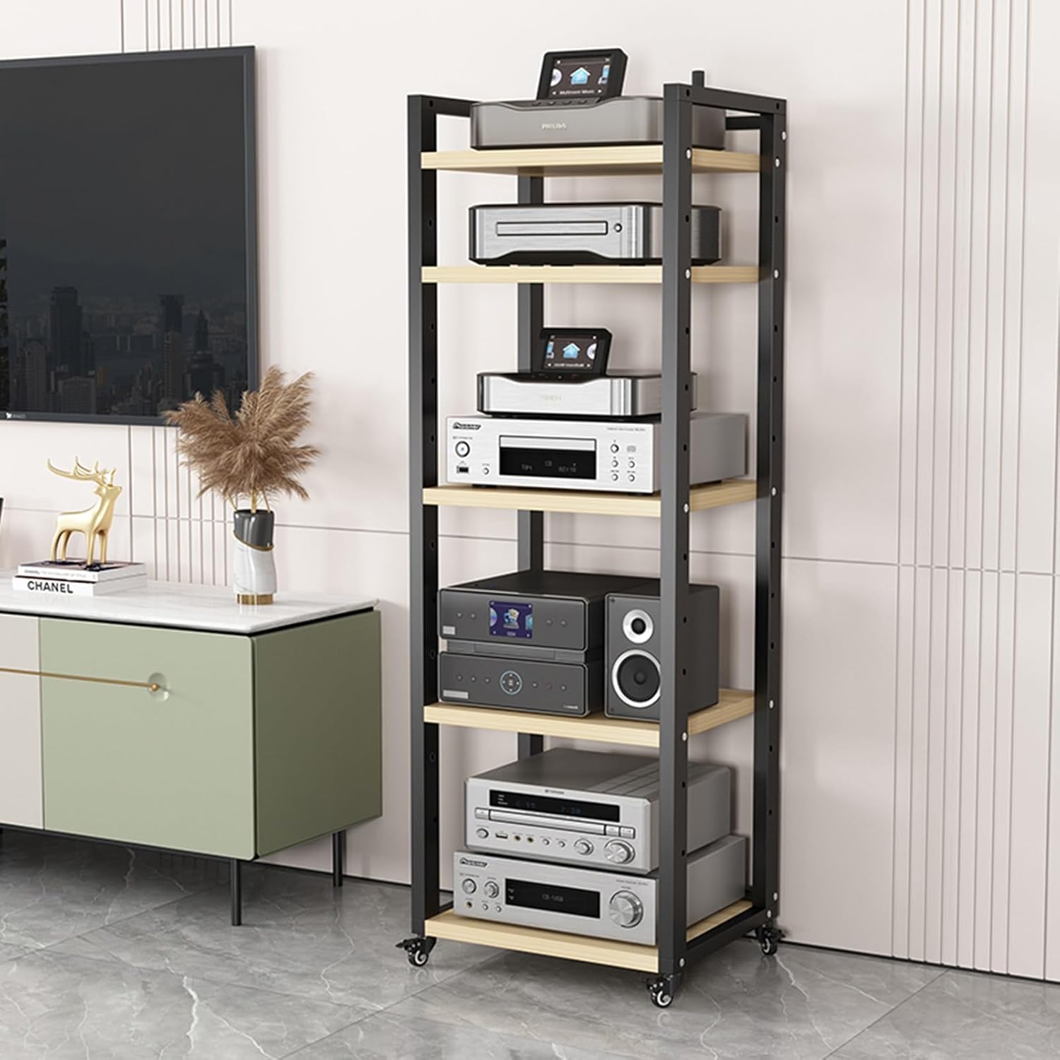 Movable Media Stand 5/6/7/8-Tier AV Component Cabinet Media Stand, Corner TV Stand Stereo Rack Audio Tower