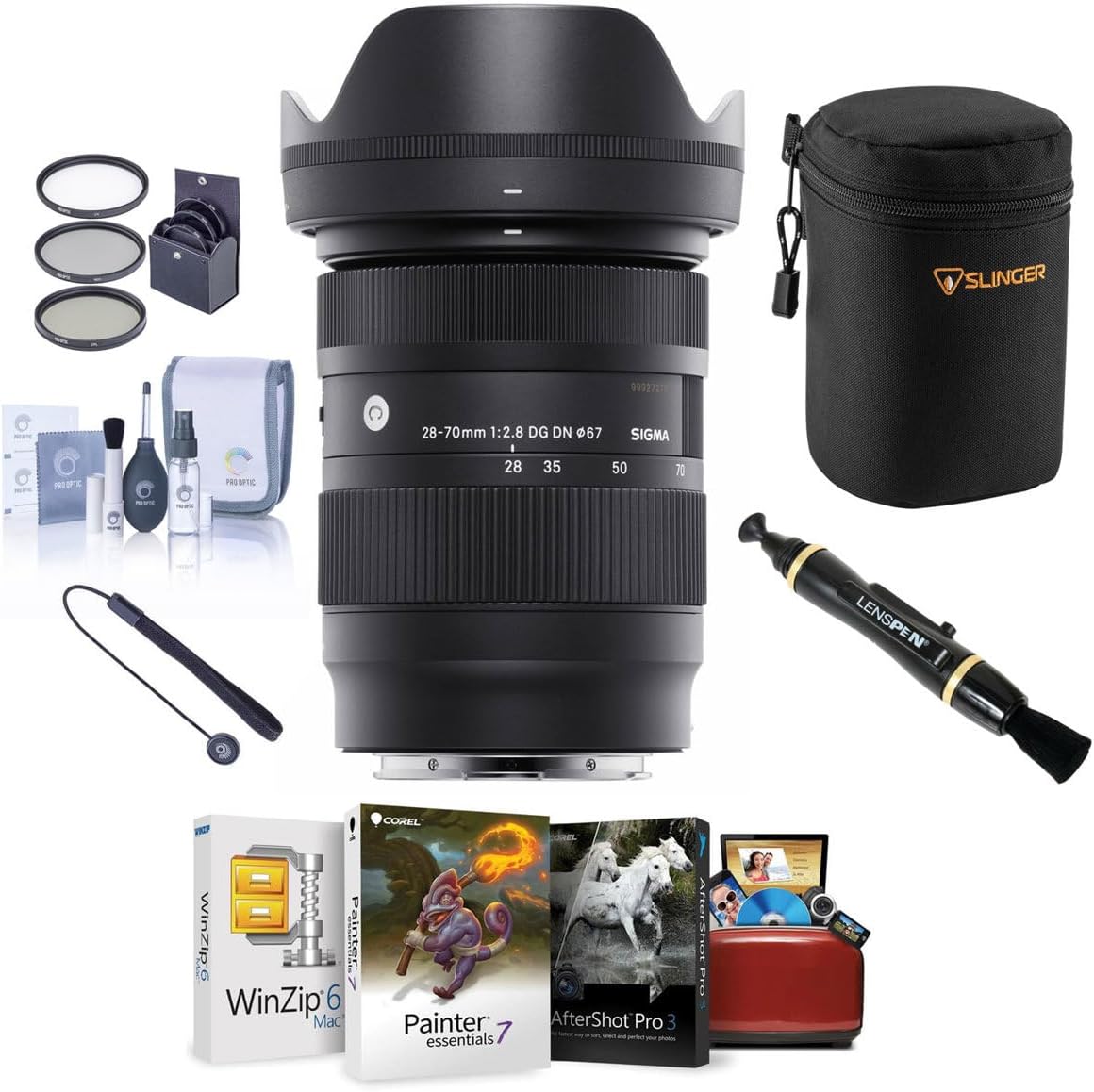 Sigma 28-70mm f/2.8 DG DN Contemporary Lens for Sony E, Bundle with Corel Mac Software Suite, 67mm Filter Kit, Lens Pouch, Lens Cleaner, Cleaning Kit, Lens Cap Tether