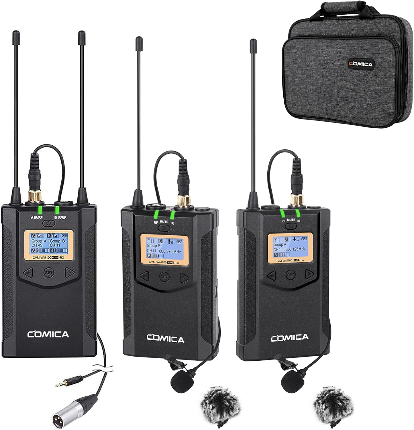 Comica CVM-WM100PLUS - Wireless Microphone System for Cameras, Camcorders, Smartphones, Laptops, Professional UHF Wireless Lavalier Lapel Microphone with Dual-Channel Recording, AA Batteries