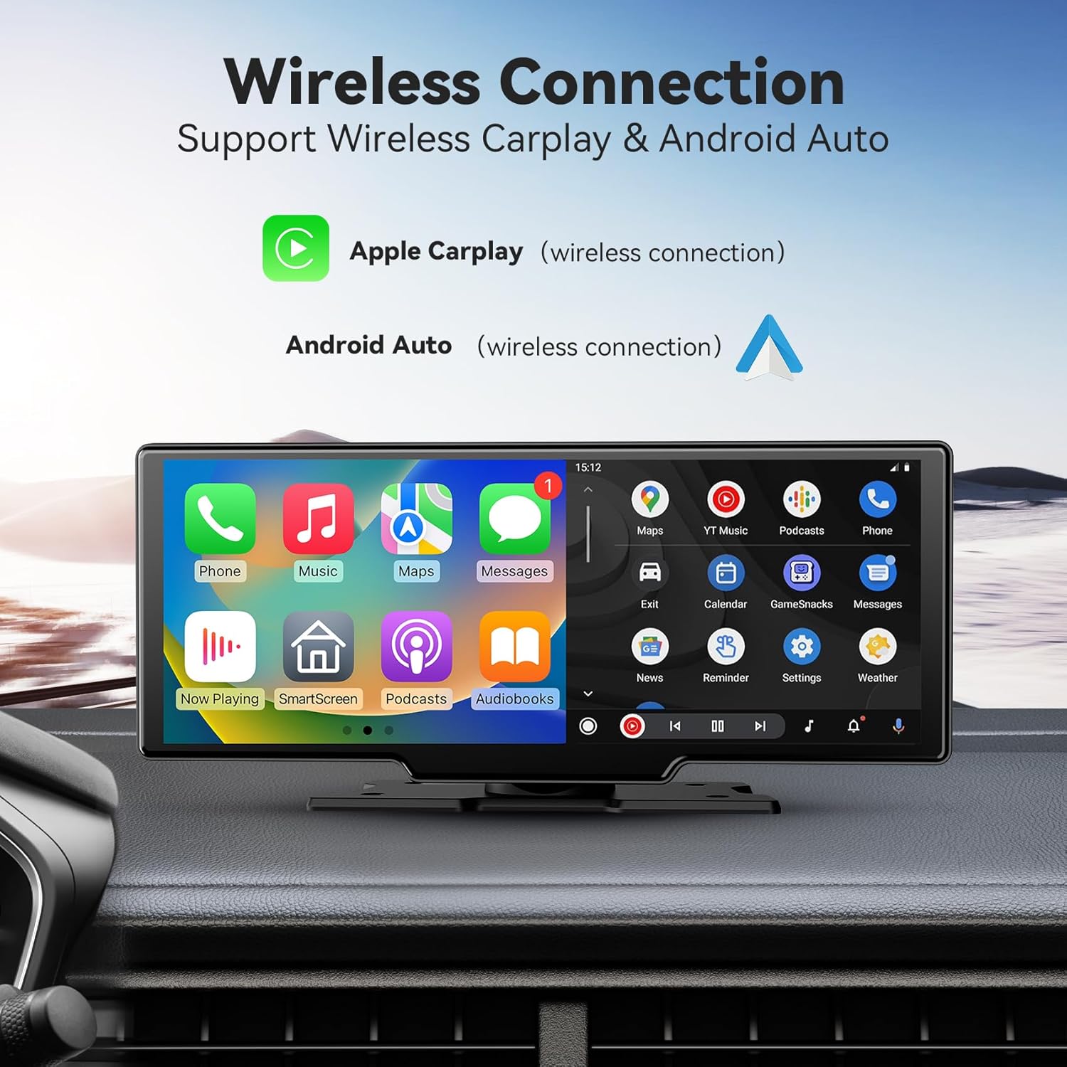 Portable CarPlay Screen, 11.26 Inch 4K Car Play & Android Auto HD Touchscreen, Wireless Car Stereo with Dash Cam, G-Sensor/App Control/Backup Camera/Loop Recording/Mirror Link/GPS/FM for All Vehicles