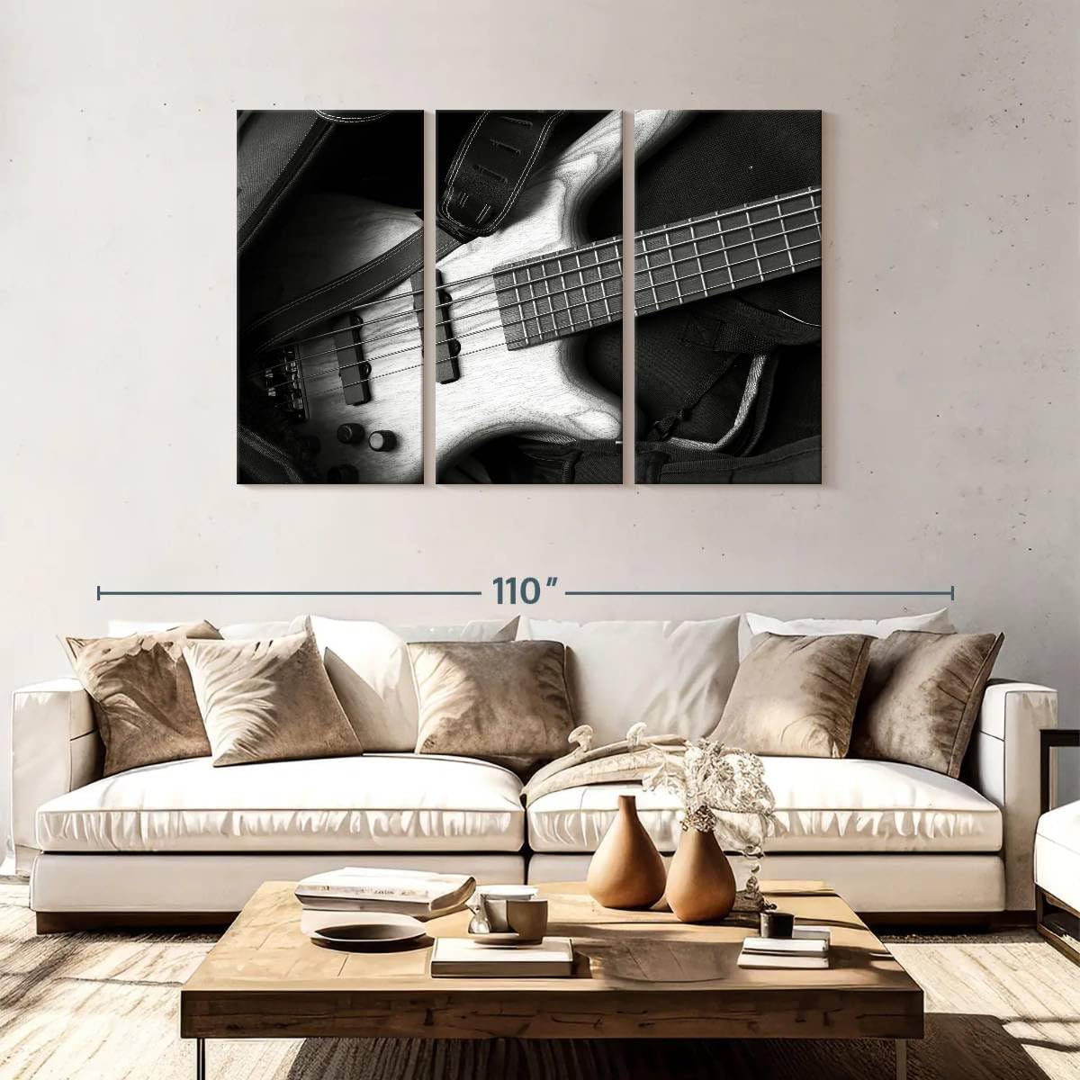 ElephantStock - Monochromatic Bass Guitar Wall Art - Horizontal Multi Panel Canvas - 3 Piece Living Room Wall Decor - Photography Music Multi Piece Wall Art - Black And Gray Decor - 74
