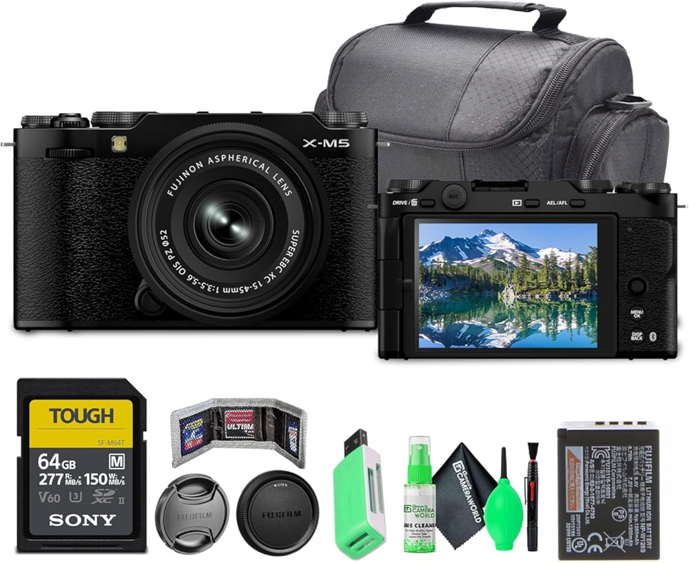 Fujifilm X-M5 Mirrorless Digital Camera with Fuji XC 15-45mm f/3.5-5.6 OIS PZ Lens Kit- Black Bundle with 64GB UHS-II SDXC Memory Card + Cleaning kit + Travel Bag + More