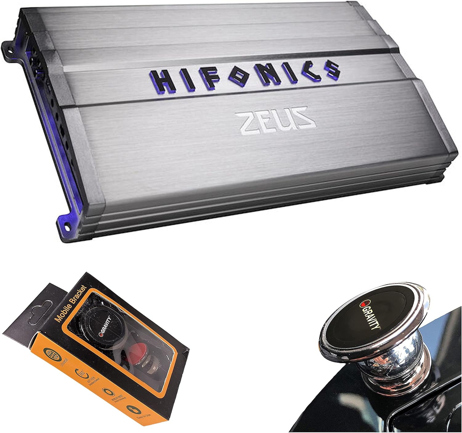Hifonics ZG-3200.1D Zeus Gamma 1 Channel Super D Class 3200 Watt Car Audio Sound System Subwoofer Speaker Amp Amplifier with Gravity Magnet Phone Holder Bundle