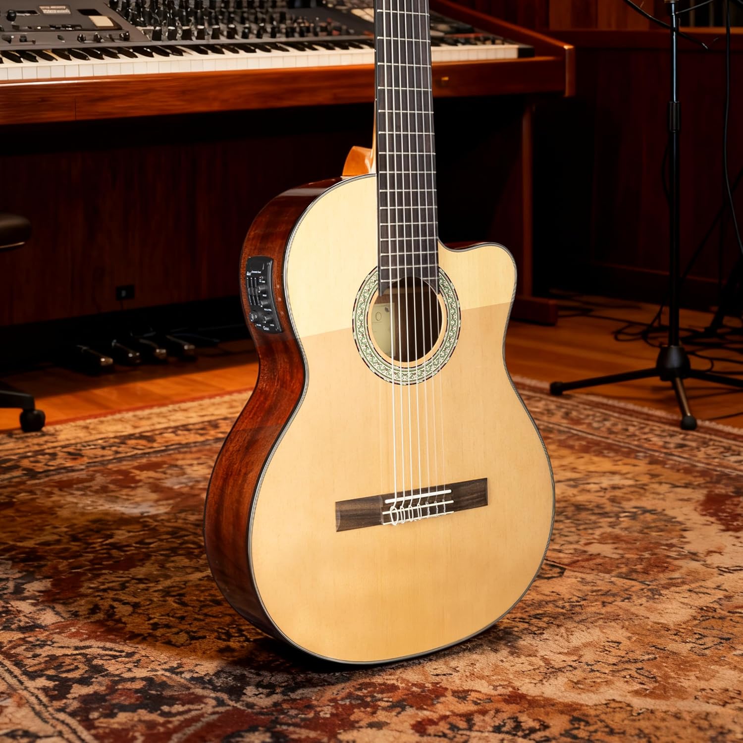 TARIO 7-String Classical Acoustic Electric Guitar, Brazilian Style Cutaway Nylon Guitar with Spruce Top, Mahogany Body, Purpleheart Fingerboard, Built-in 4-Band EQ