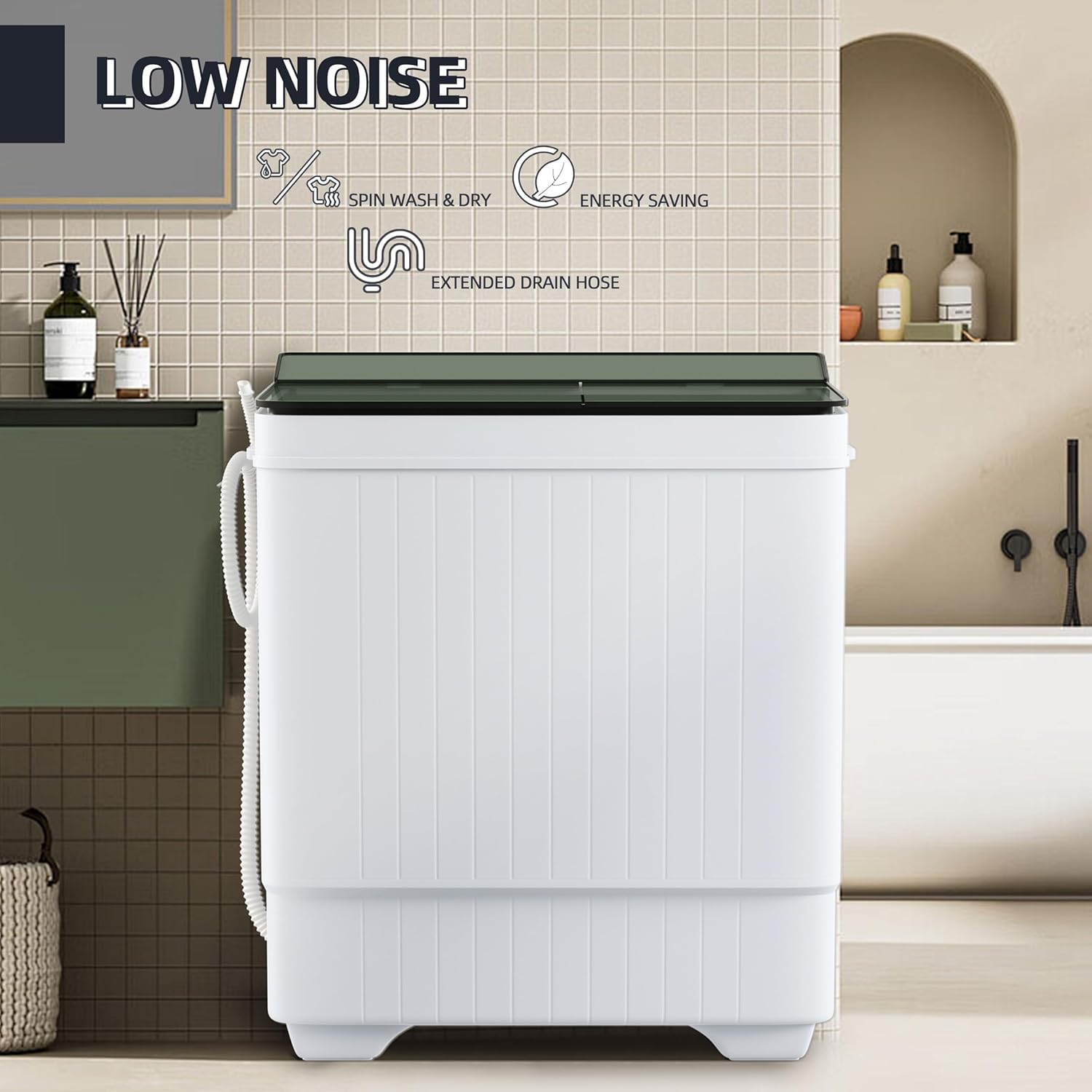 Elevon Portable Washing Machine Twin Tub 18.7 Lbs Capacity, (14.3 Lbs) and Spinner(4.4 Lbs) Combo Mini Compact Laundry Washer for Home, Apartment, Camping, RVs and Dorms, Black/White