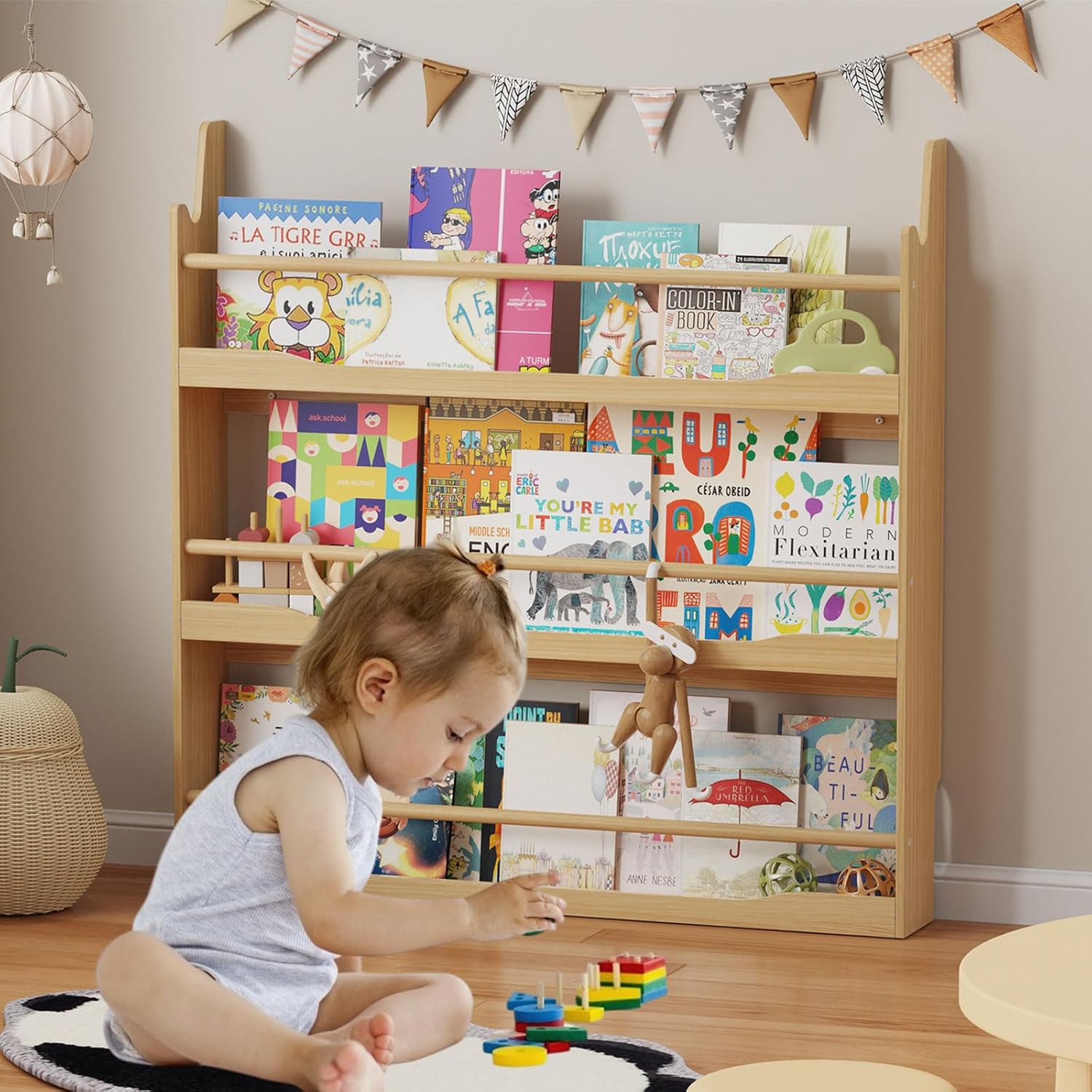 Lkeiyay Kids Bookshelf,3 Tier Wall Mount Kids Book Shelf,Space-Saving Wall Mount Narrow Bookshelf(Natural)