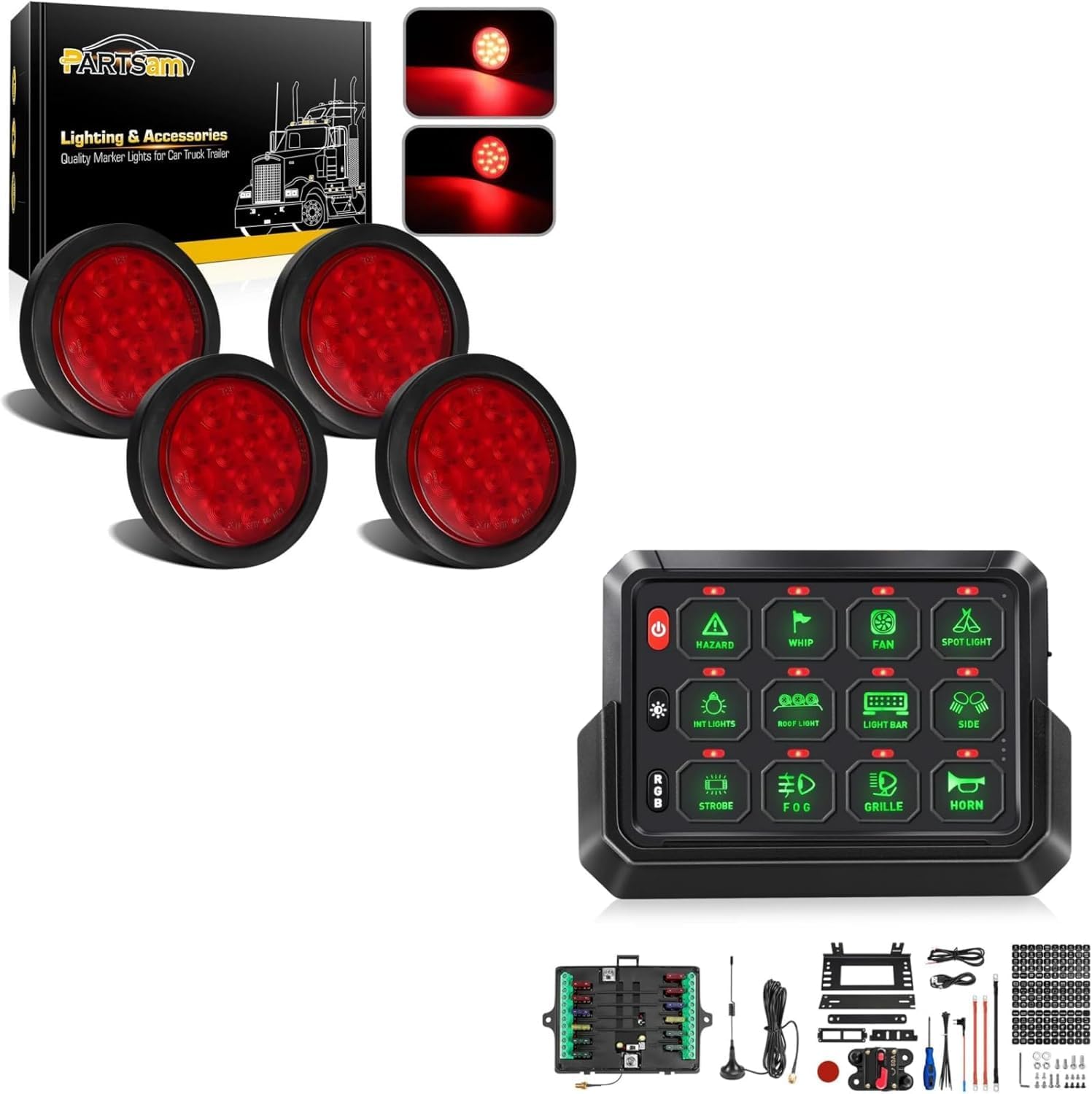 Partsam Round Led Trailer Tail Lights Kit Red+Wireless RGB 12 Gang Switch Panel