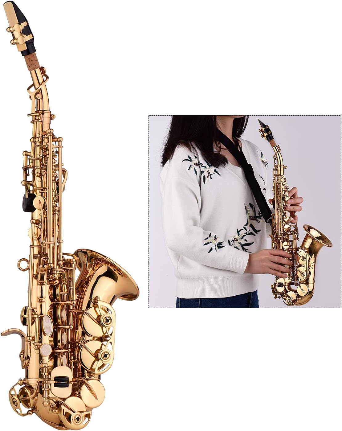 Saxophone, Soprano Saxophone,Mini Bb Soprano Saxophone Sax Brass Material Gold Laquer Surface Woodwind Instrument with Carry Case Gloves Cleaning Cloth Brush Reeds Sax Strap