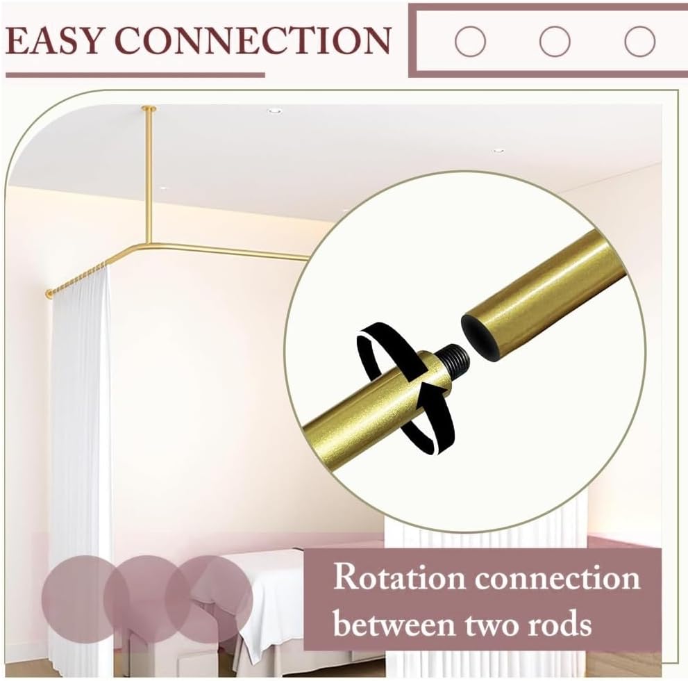 Beauty Salon Room Divider Curtain Rod, L Shaped Corner Curtain Rod, Wall Mount Curtain Partition Rod for Massage Room, Bedroom, Clinic, Shared Bedroom(Gold)