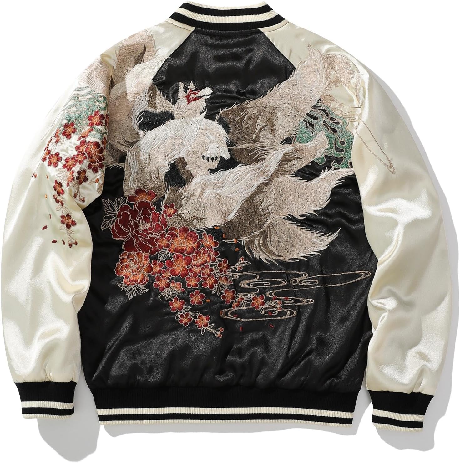 Nine-tailed Fox Embroidery Men Bomber Jacket Satin Vintage Streetwear Hip Hop Windbreaker for Spring Autumn