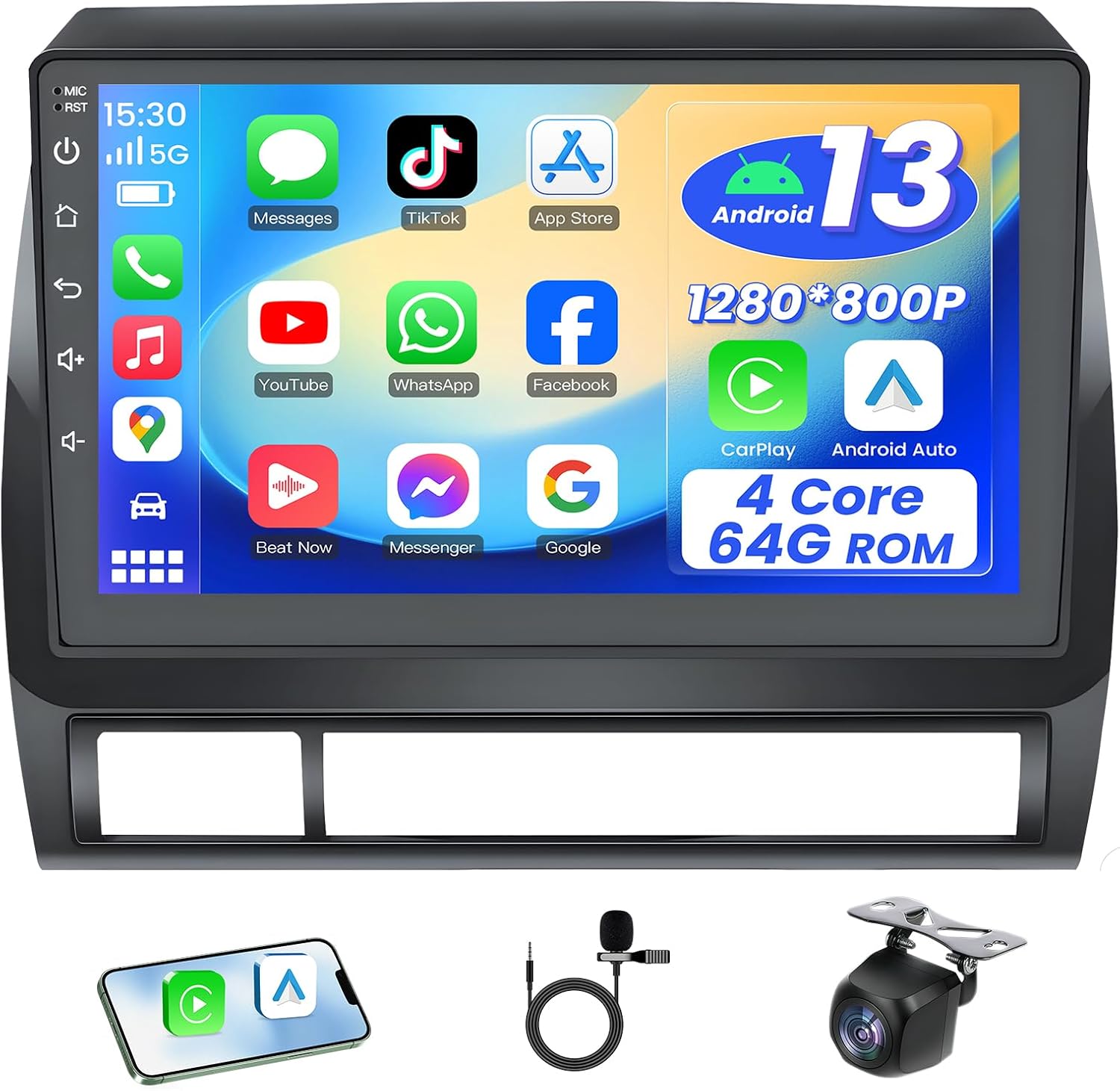 4Core+64GB ROM Android Car Radio for Toyota Tacoma 2005-2015: 9 Inch IPS Touch Screen for Tacoma Car Stereo Upgrade with Carplay & Android Auto GPS Navigation Bluetooth 5G WiFi FM Backup Camera