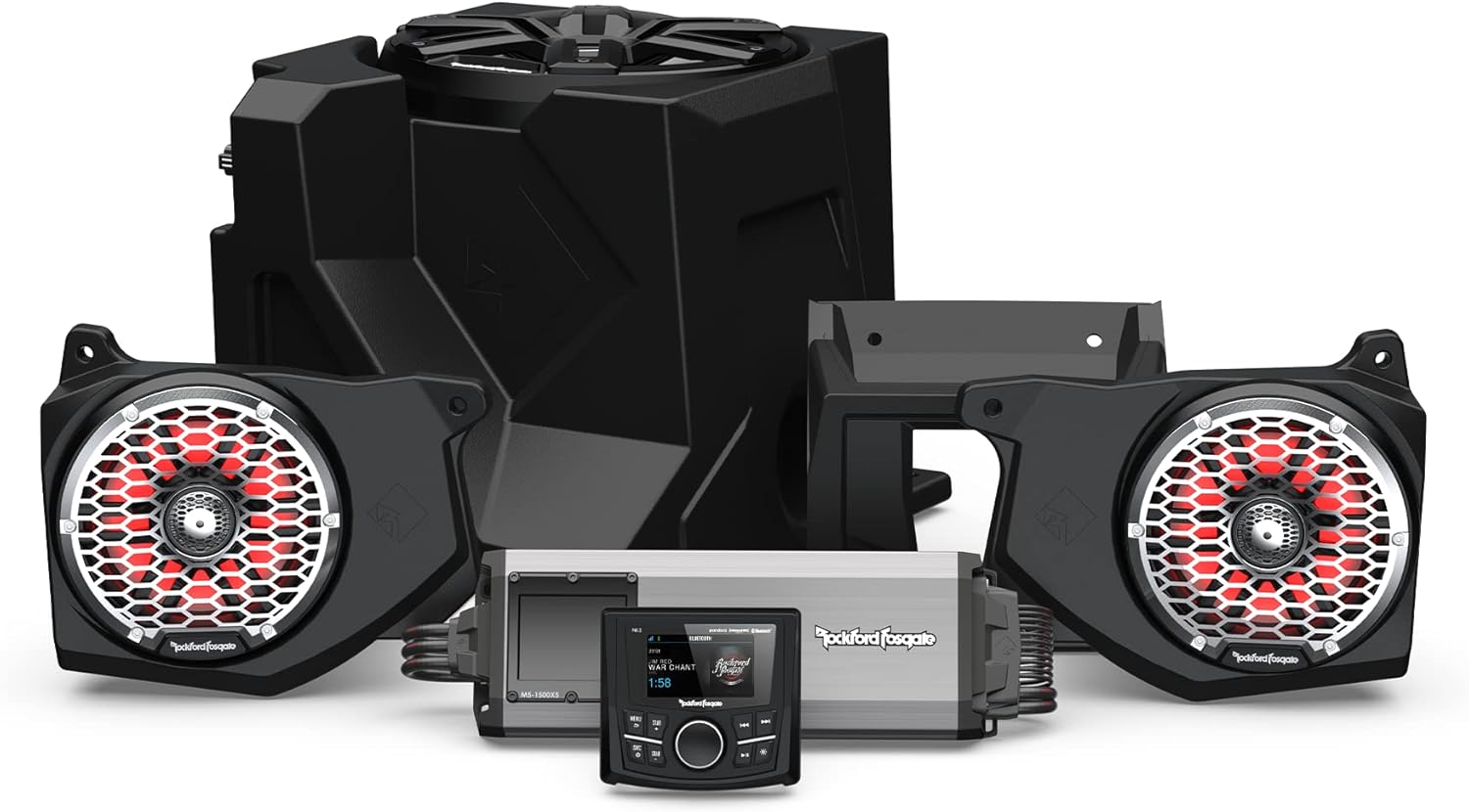 Rockford Fosgate RNGR18-STG5 Audio Kit: PMX-3 Receiver, 1500-Watt Amp, M2 Series Color Optix Multicolor LED Lighted Front Speakers & Subwoofer for Select Polaris Ranger Models (2018-2022)