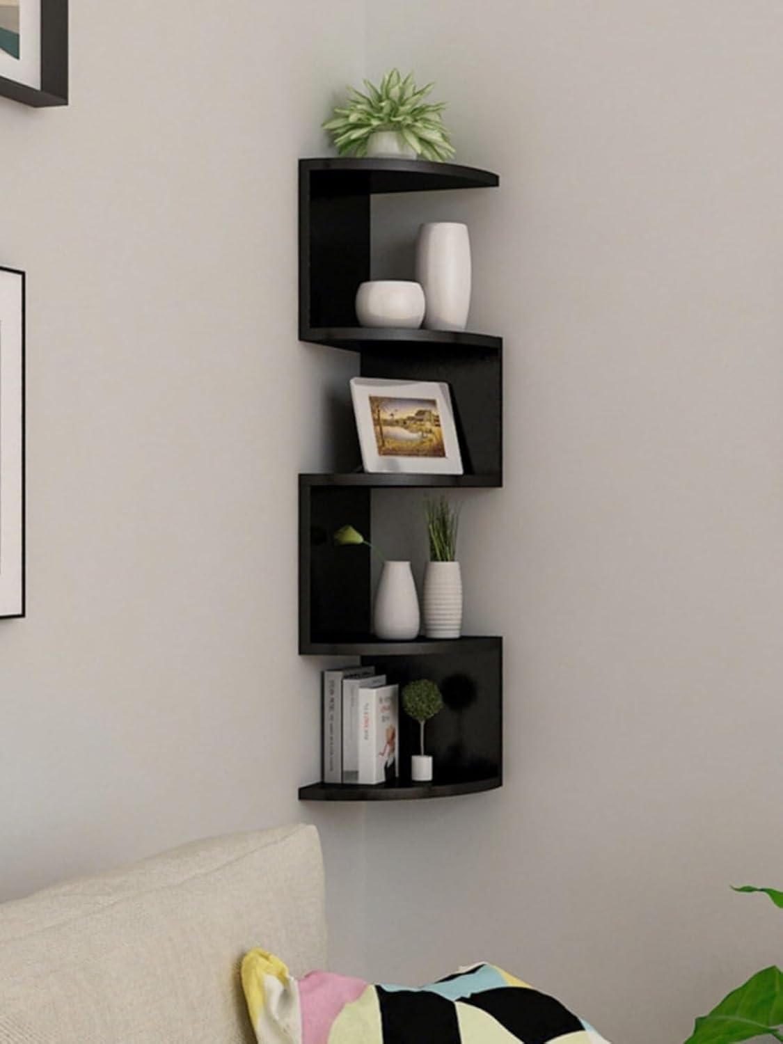 5-Tier Corner Shelf Wall Mount - Floating Corner Shelves for Living Room, Bedroom, Office, Plant & Book Display, Black(White)