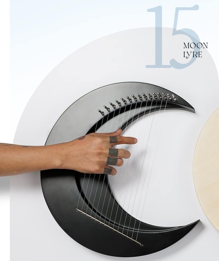 15 Strings Lyre Harp, Wooden Musical Instrument with Stand, C Tone Moon Lyre Harp for Kids & Adults (Color : Black_Without stand)