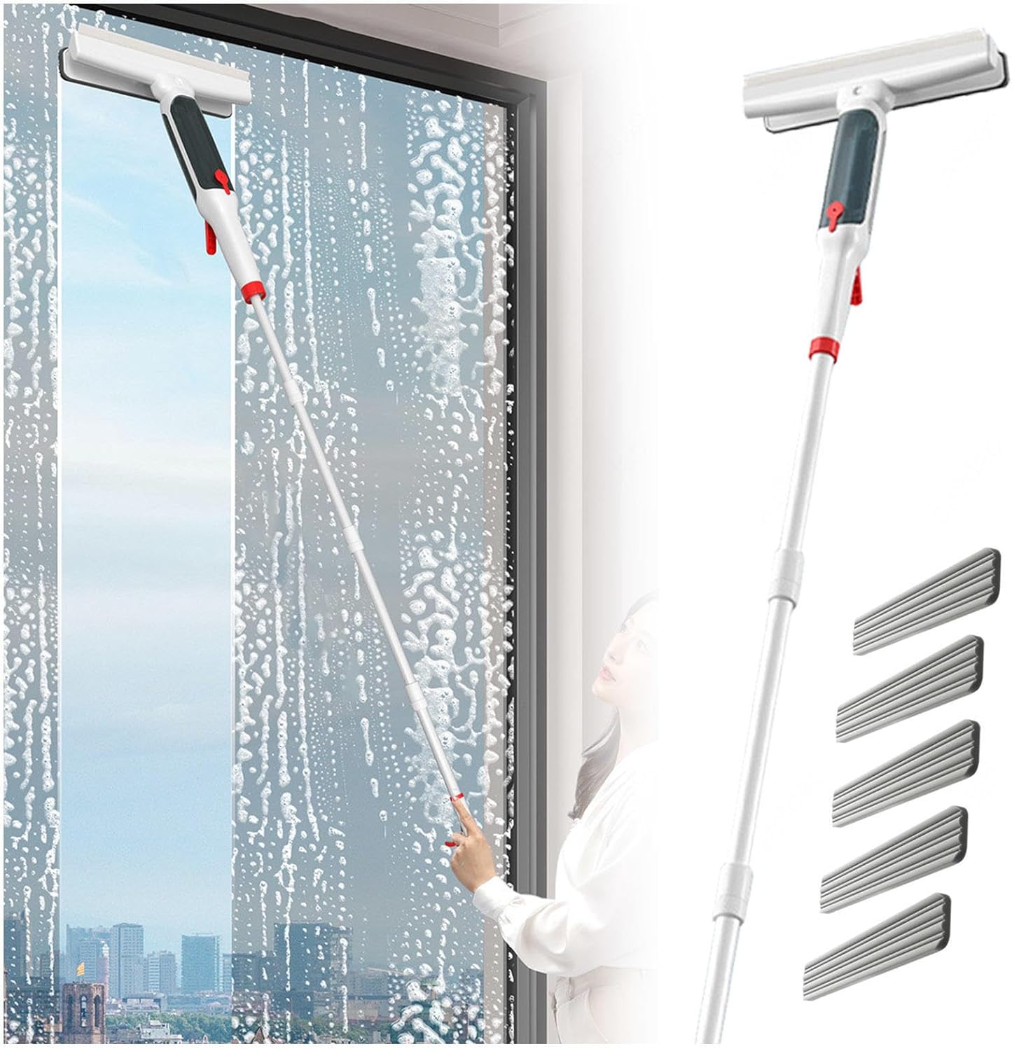 75'' Spray Window Squeegee for Home with 4-Section Extension Pole, 4 in 1 Professional Window Cleaning Kit Glass Squeegee with Sewage Collector and 5 Pads