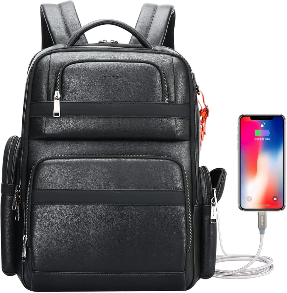 BOPai 40L Genuine Business Leather Laptop Professional Backpack for Men 15.6 inch Computer with USB Charging Multi-Functional Large Capacity Travel Smart Work Rucksack Anti Theft Black