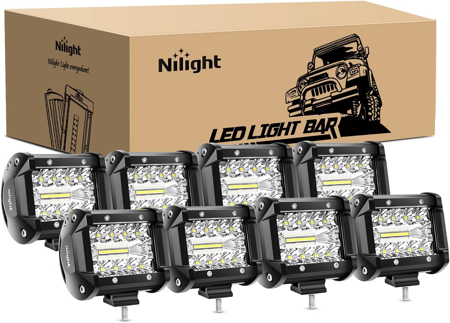 Nilight 8Pcs LED Pods 4Inch 60W Light Bar Flood Spot Combo Triple Row Driving Lamp Roof Bumper Off Road LED Work Lights Pods for Van Camper Wagon Car Pickup Golf Cart ATV UTV SUV Truck Boat 4x4
