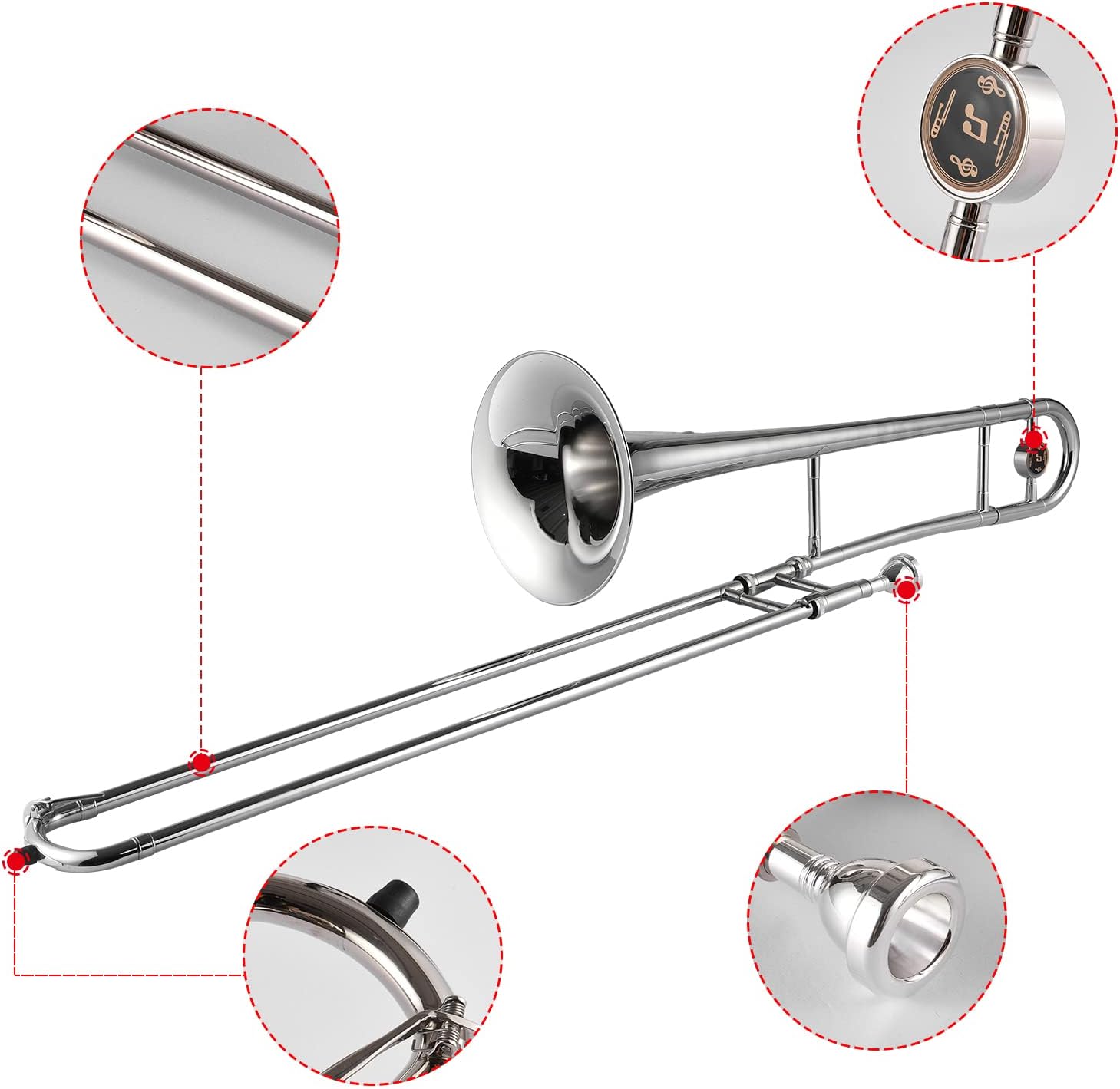 Trumpet Alto Trombone Brass Bb Tone B Flat Woodwind Instrument with Cupronickel Mouthpiece Cleaning Stick Case (Silver) (silver)