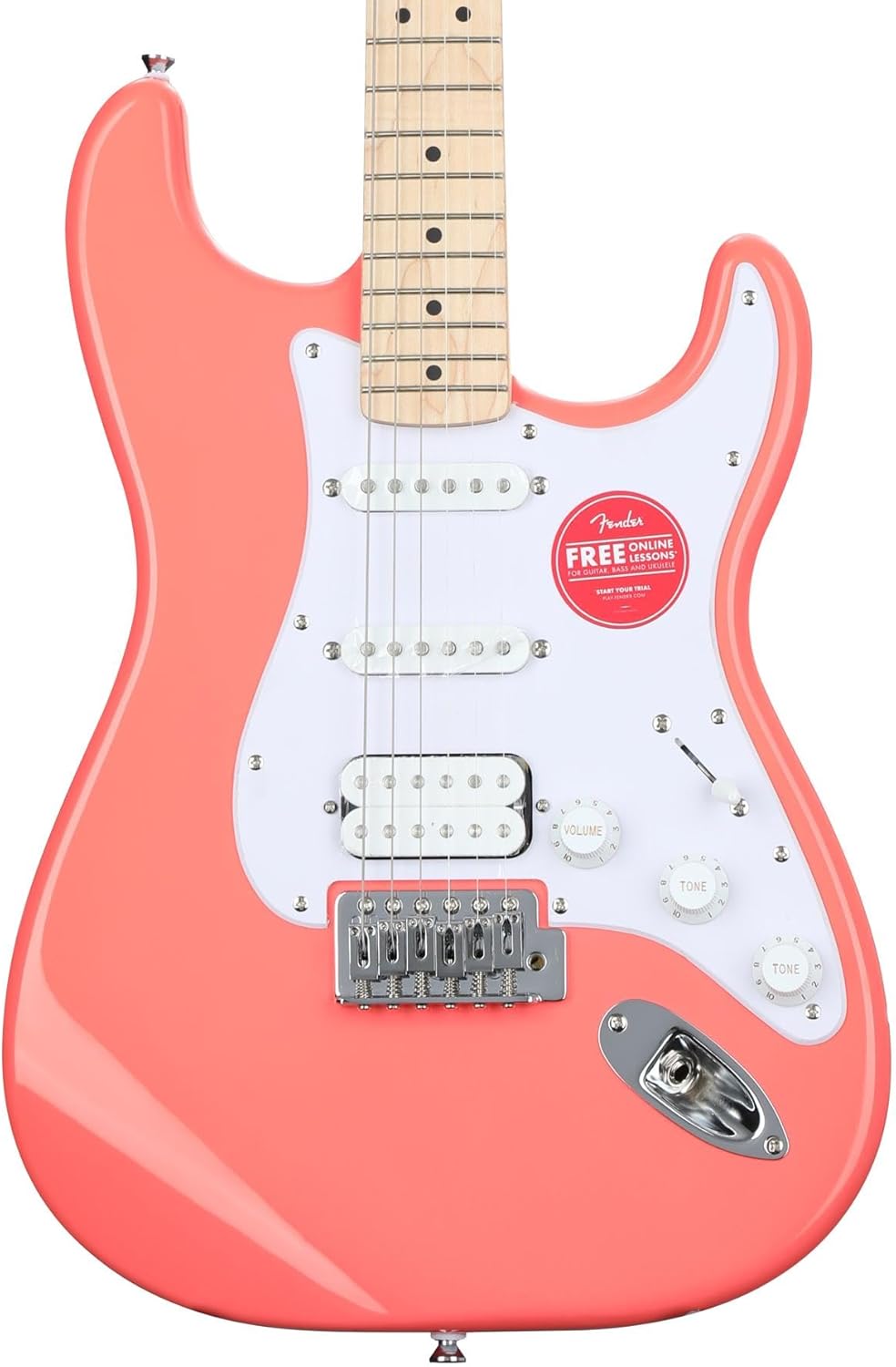 Fender Squier Sonic Stratocaster HSS Electric Guitar Bundle with Tuner, Strap, and Tahitian Coral Finish
