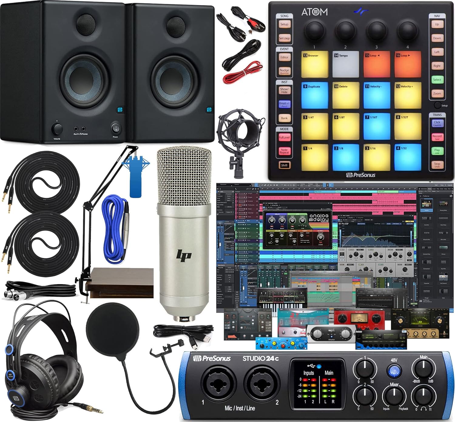 PreSonus Studio 24c 2x2 Audio/MIDI Interface Complete Studio Bundle with Software Kit, ATOM MIDI/Production Pad Controller, Eris E3.5 Pair Monitors & Adjustable Suspension Boom Arm + HD7 Headphones